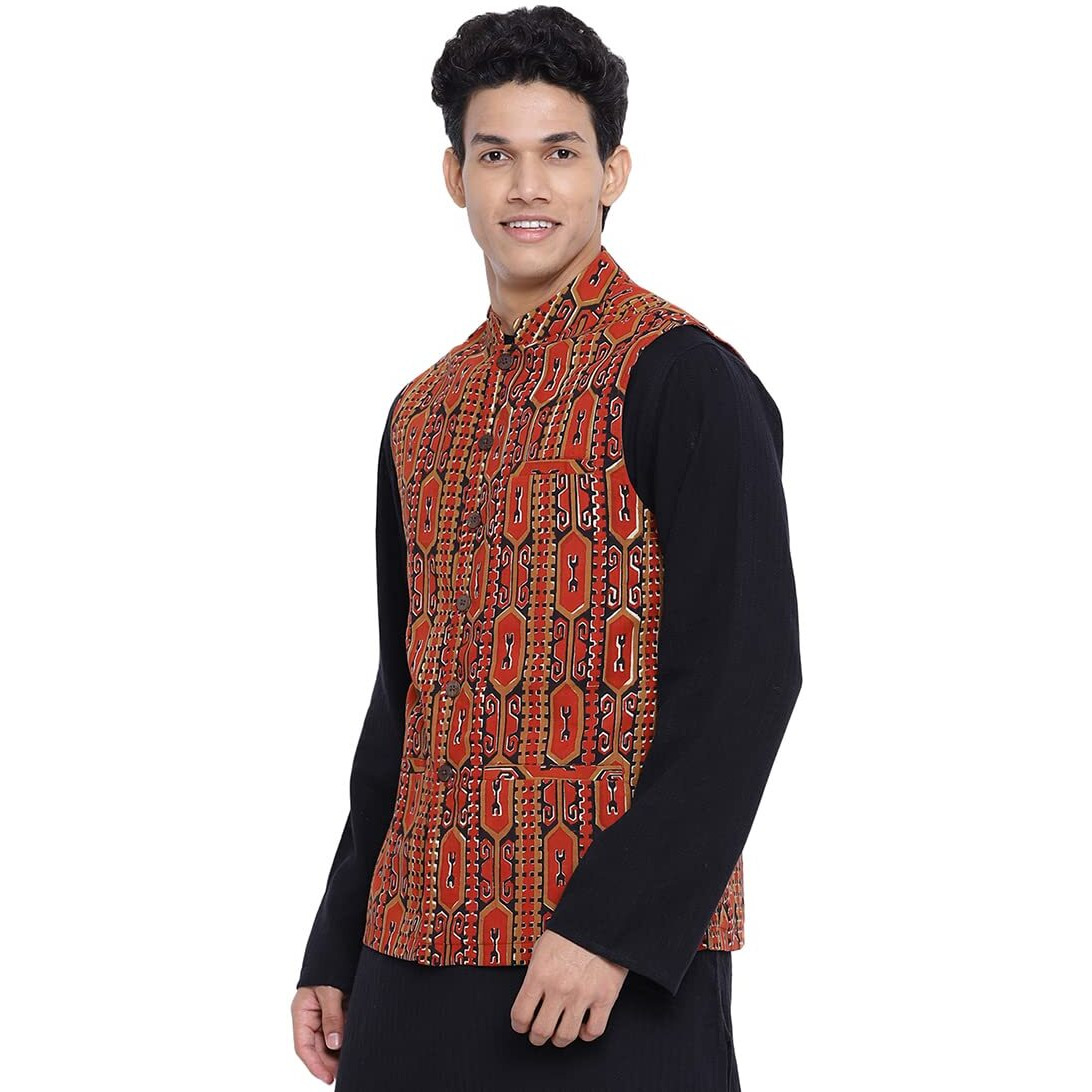 Fabindia Men Cotton Printed Nehru Jacket Red_L