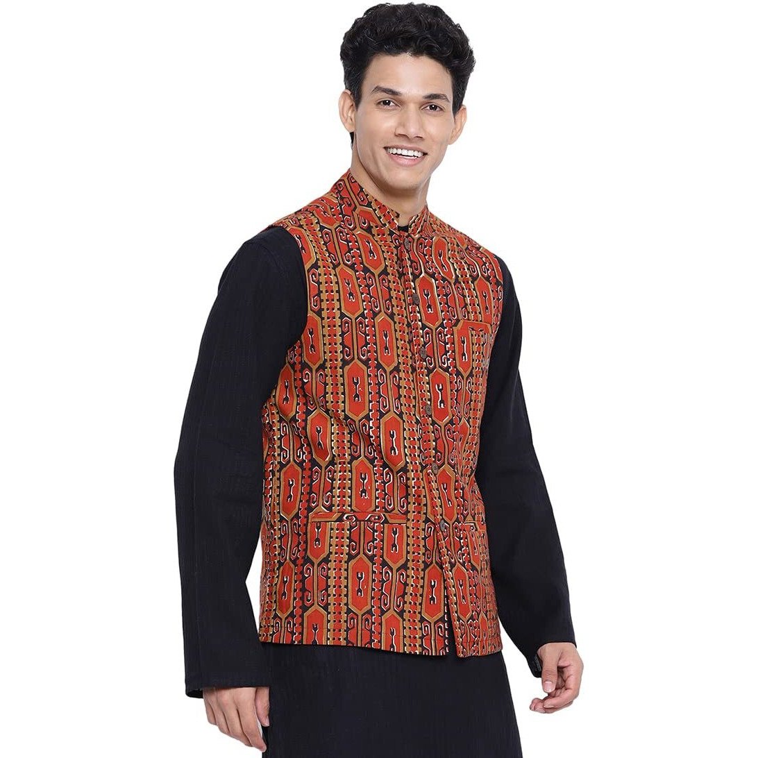 Fabindia Men Cotton Printed Nehru Jacket Red_L
