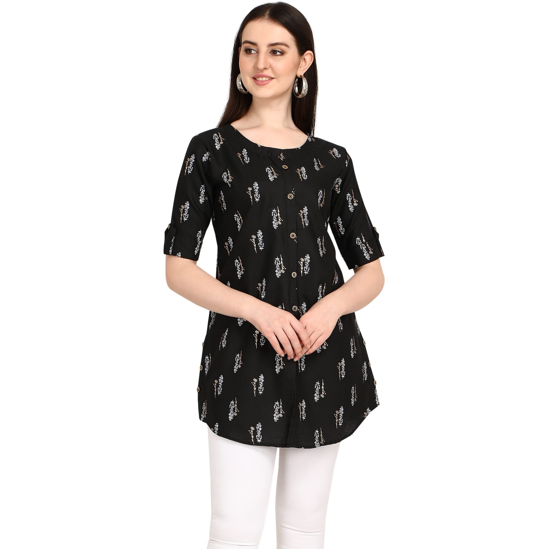 Leriya Fashion Rayon Fabric Printed Round Neck Short Kurtis For Women Top Dresses Kurti For Girls & Ladies Kurtis (Medium, Black)