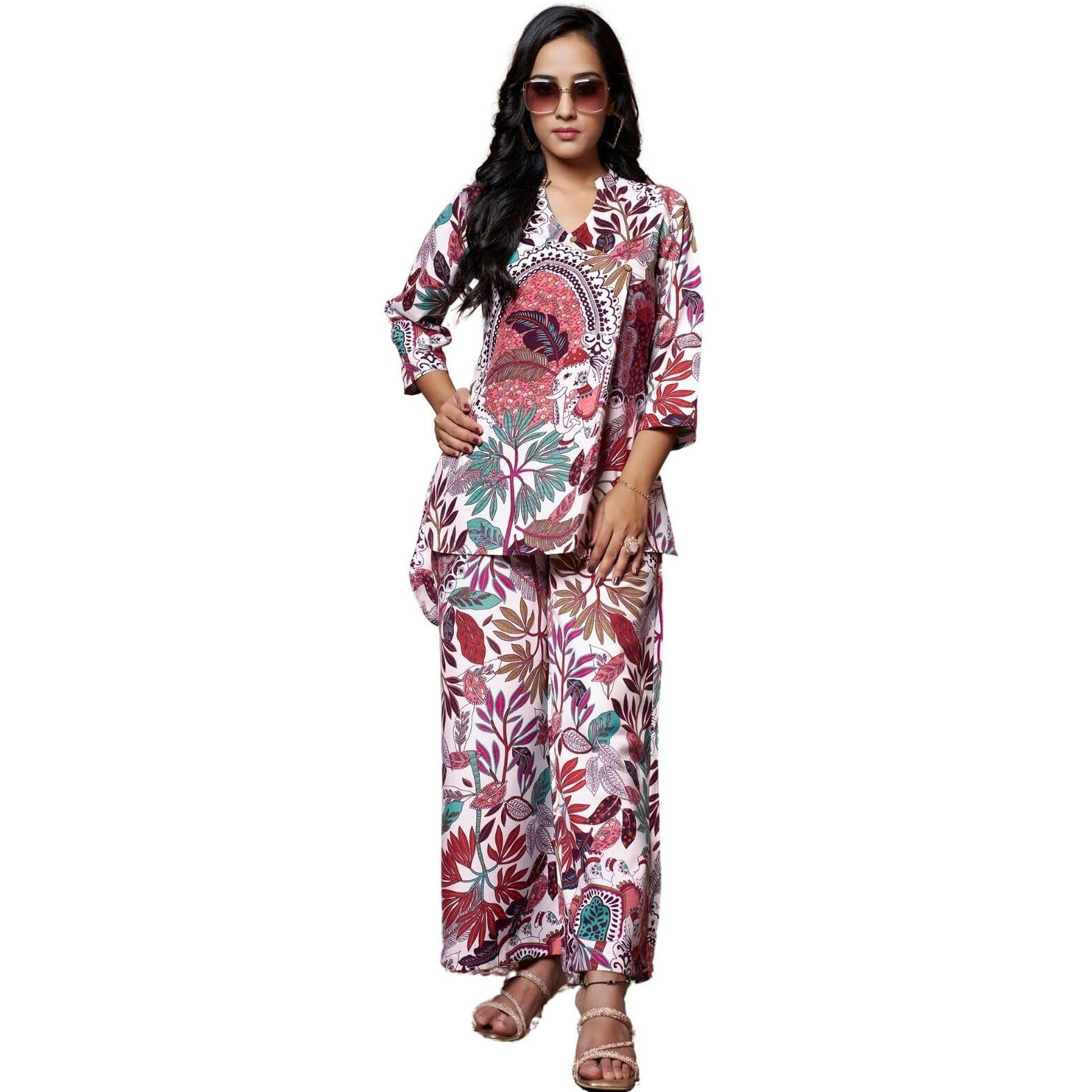 Greciilooks Womens Floral Casual Rayon Regular Fit Co-Ord Set (Multicolor, Large)