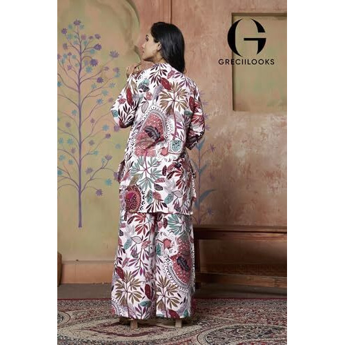 Greciilooks Womens Floral Casual Rayon Regular Fit Co-Ord Set (Multicolor, Large)