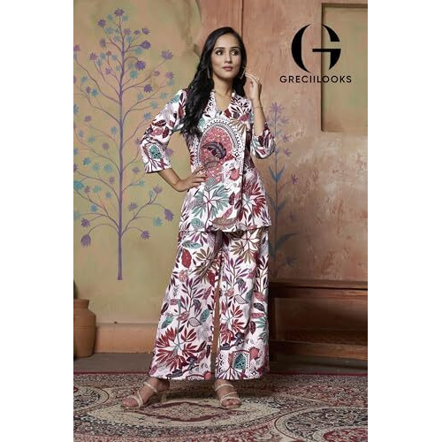 Greciilooks Womens Floral Casual Rayon Regular Fit Co-Ord Set (Multicolor, Large)