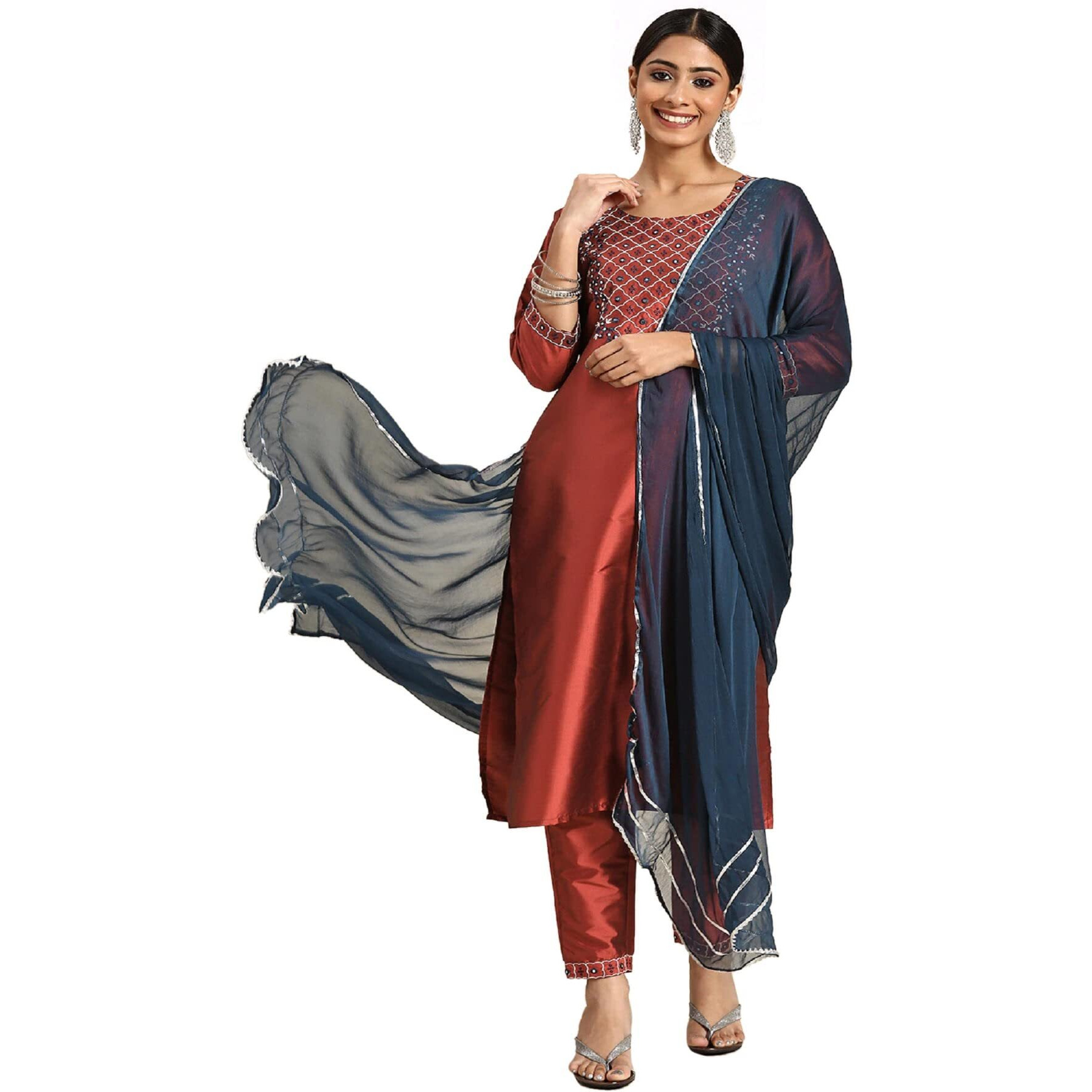 Lookmark Womens Art Silk Kurta Pant With Dupatta (Brown-Xl)