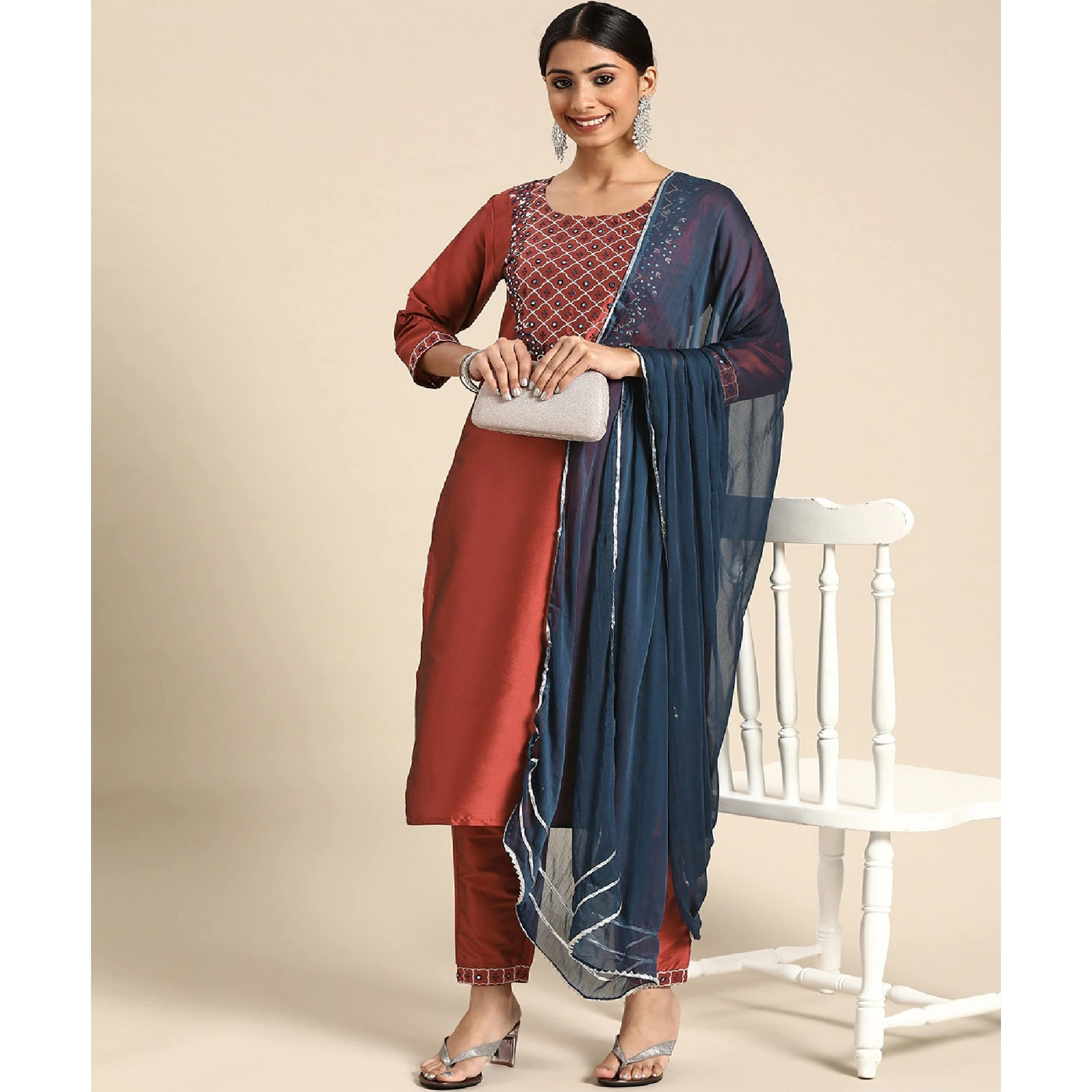 Lookmark Womens Art Silk Kurta Pant With Dupatta (Brown-Xl)