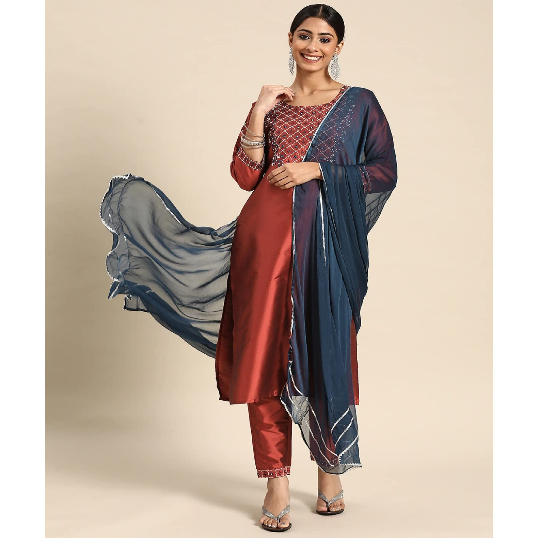 Lookmark Womens Art Silk Kurta Pant With Dupatta (Brown-Xl)