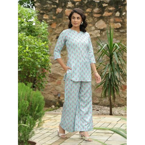 Greciilooks Women's Rayon Printed Regular Kurta Set (Gl-W2131&Tr1098_Light Green_S)