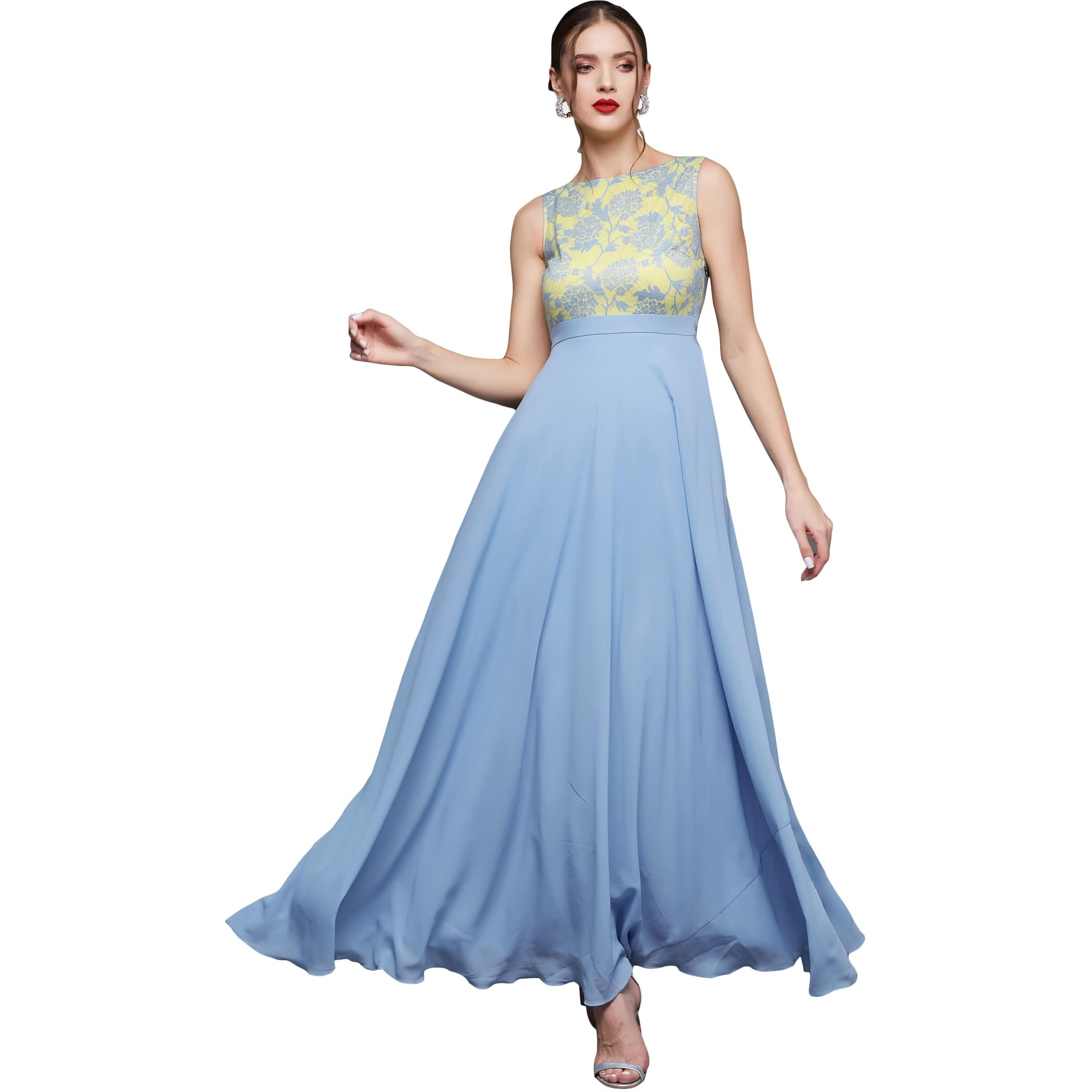 Miss Chase Women's Round Neck Sleeveless Georgette Floral Lace Fit & Flare Maxi Dress Sky Blue