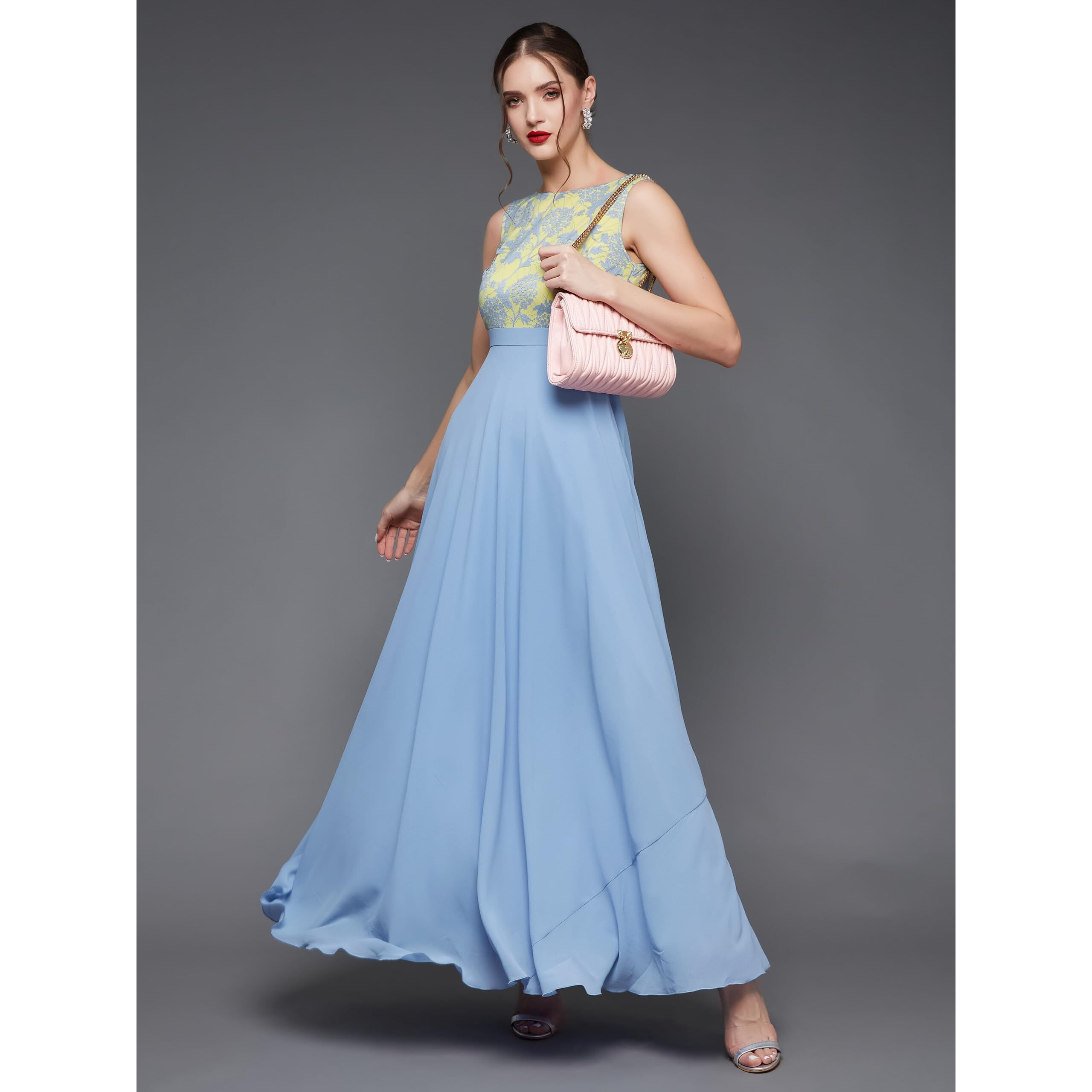 Miss Chase Women's Round Neck Sleeveless Georgette Floral Lace Fit & Flare Maxi Dress Sky Blue