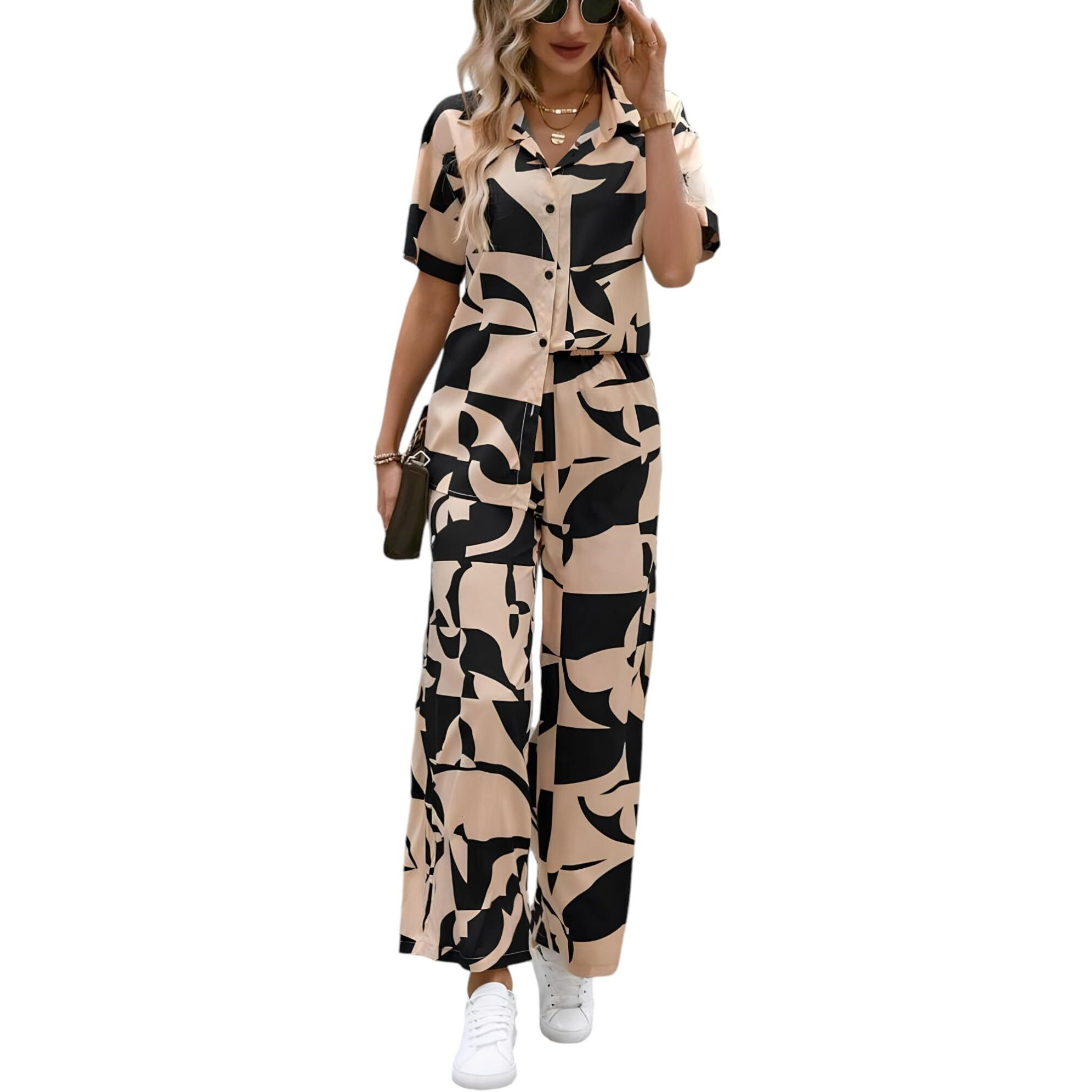Gufrina Women's Geometric Print Co-Ords Set - Short Sleeve Open Collar Shirt And Wide-Leg Pants Ensemble (Beige Xl)