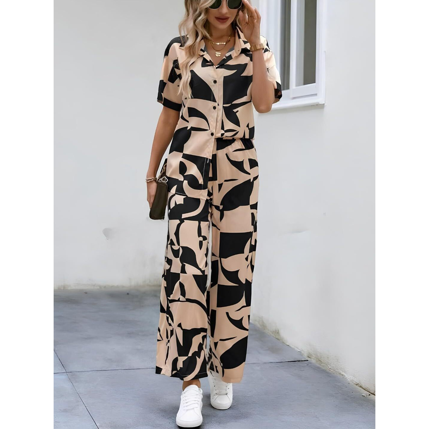 Gufrina Women's Geometric Print Co-Ords Set - Short Sleeve Open Collar Shirt And Wide-Leg Pants Ensemble (Beige Xl)