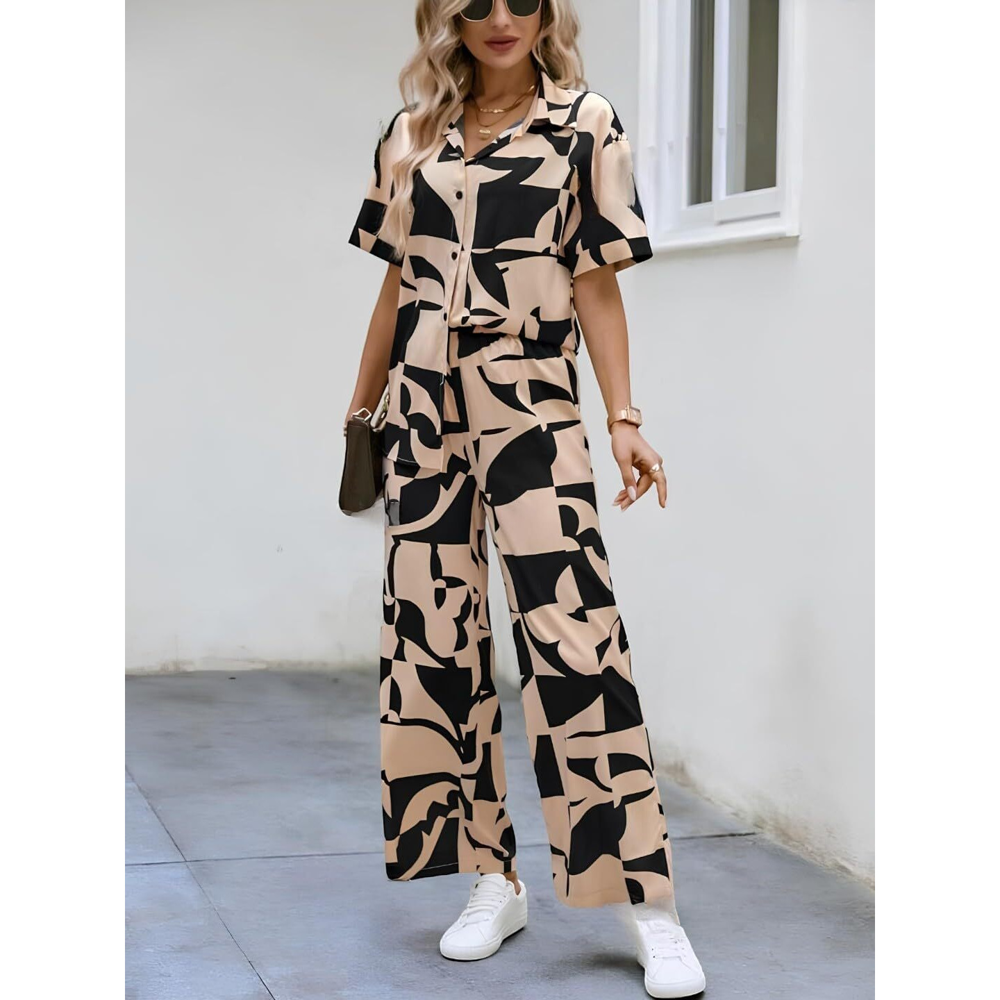 Gufrina Women's Geometric Print Co-Ords Set - Short Sleeve Open Collar Shirt And Wide-Leg Pants Ensemble (Beige Xl)