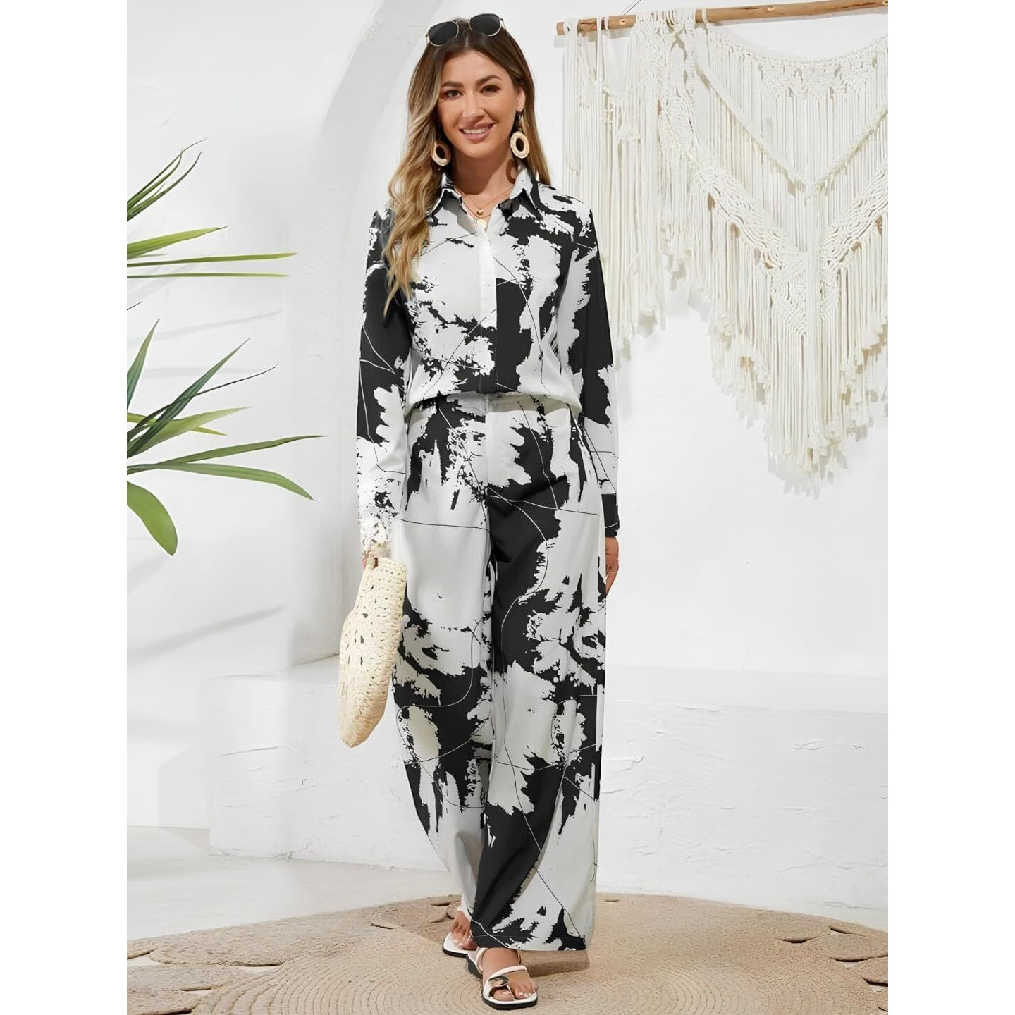 Gufrina Women's Abstract Print Co-Ords Set - Long Sleeve Open Collar Shirt And Wide-Leg Pants Ensemble (Blue Xl)