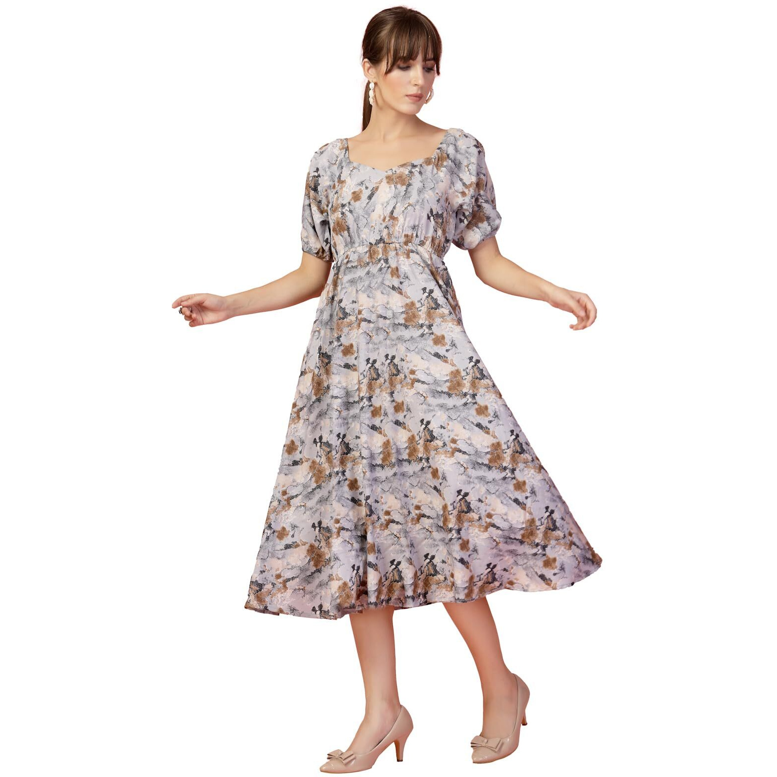 Oomph Flared Dress For Women Stylish | Long One Piece For Women | Puff Sleeve Long Dress | Floral Print Maxi One Piece | Western & Fusion Wear