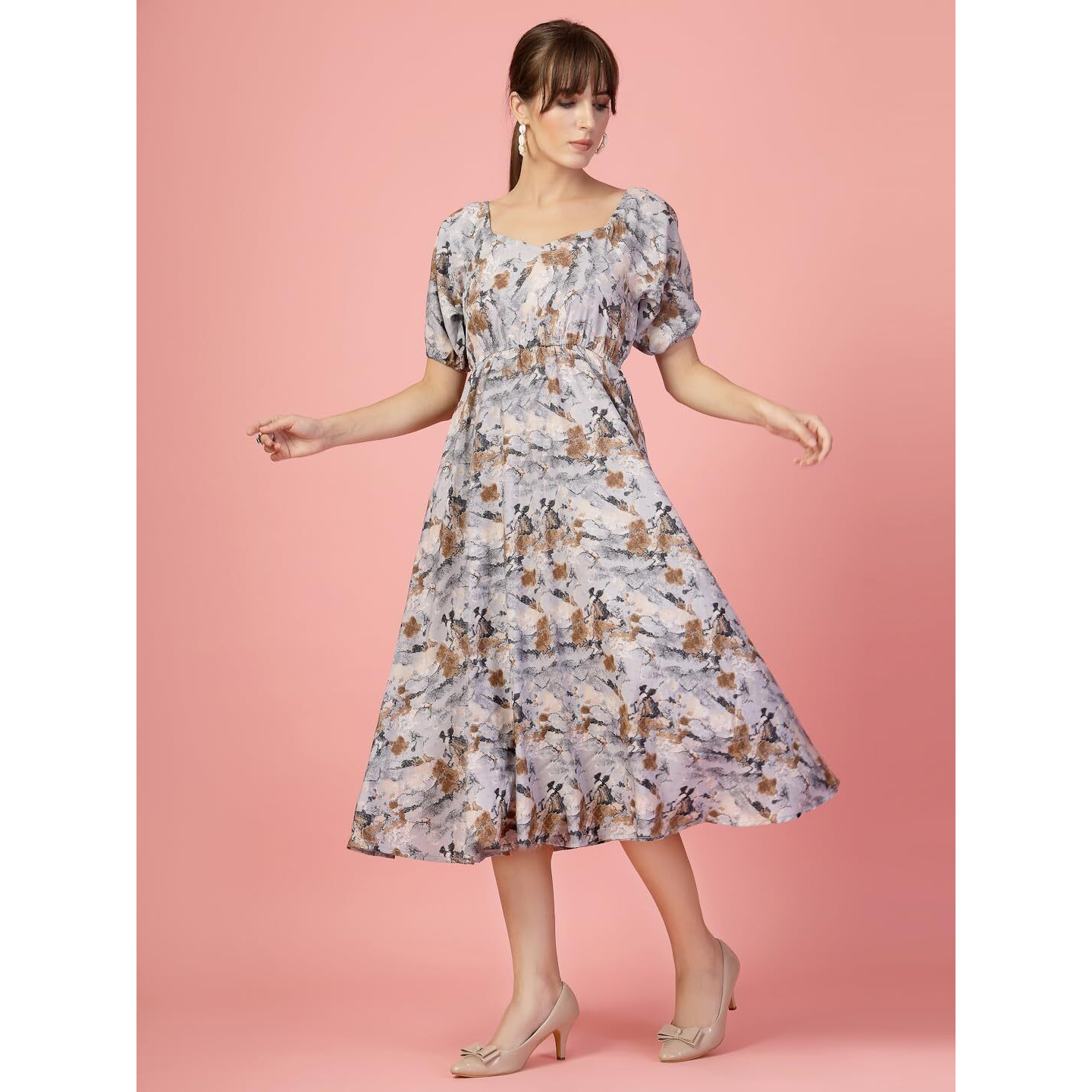 Oomph Flared Dress For Women Stylish | Long One Piece For Women | Puff Sleeve Long Dress | Floral Print Maxi One Piece | Western & Fusion Wear