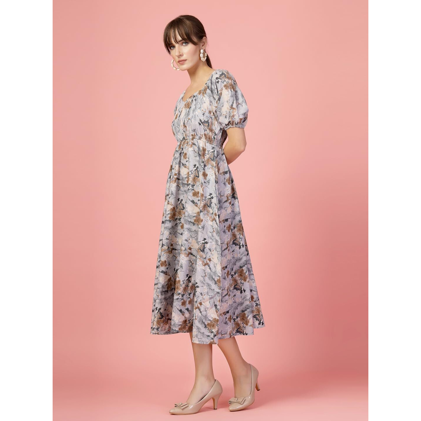 Oomph Flared Dress For Women Stylish | Long One Piece For Women | Puff Sleeve Long Dress | Floral Print Maxi One Piece | Western & Fusion Wear