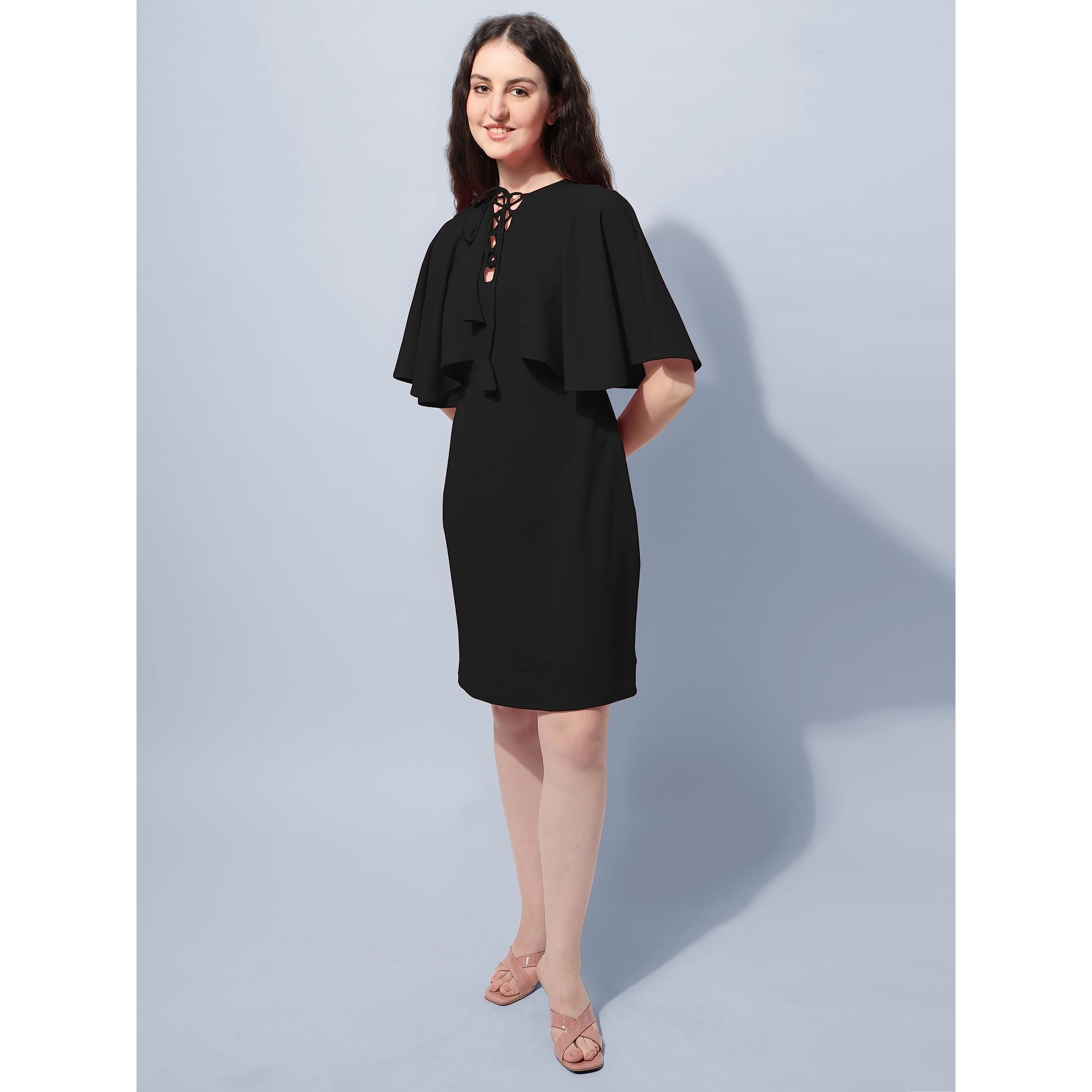 Oomph Women's Western & Fusion Wear Above Knee/Mid Thigh Length Bodycon Black Dress In Lycra Blend Fabric With Tie-Up Neck And Cape Sleeves - Md576M