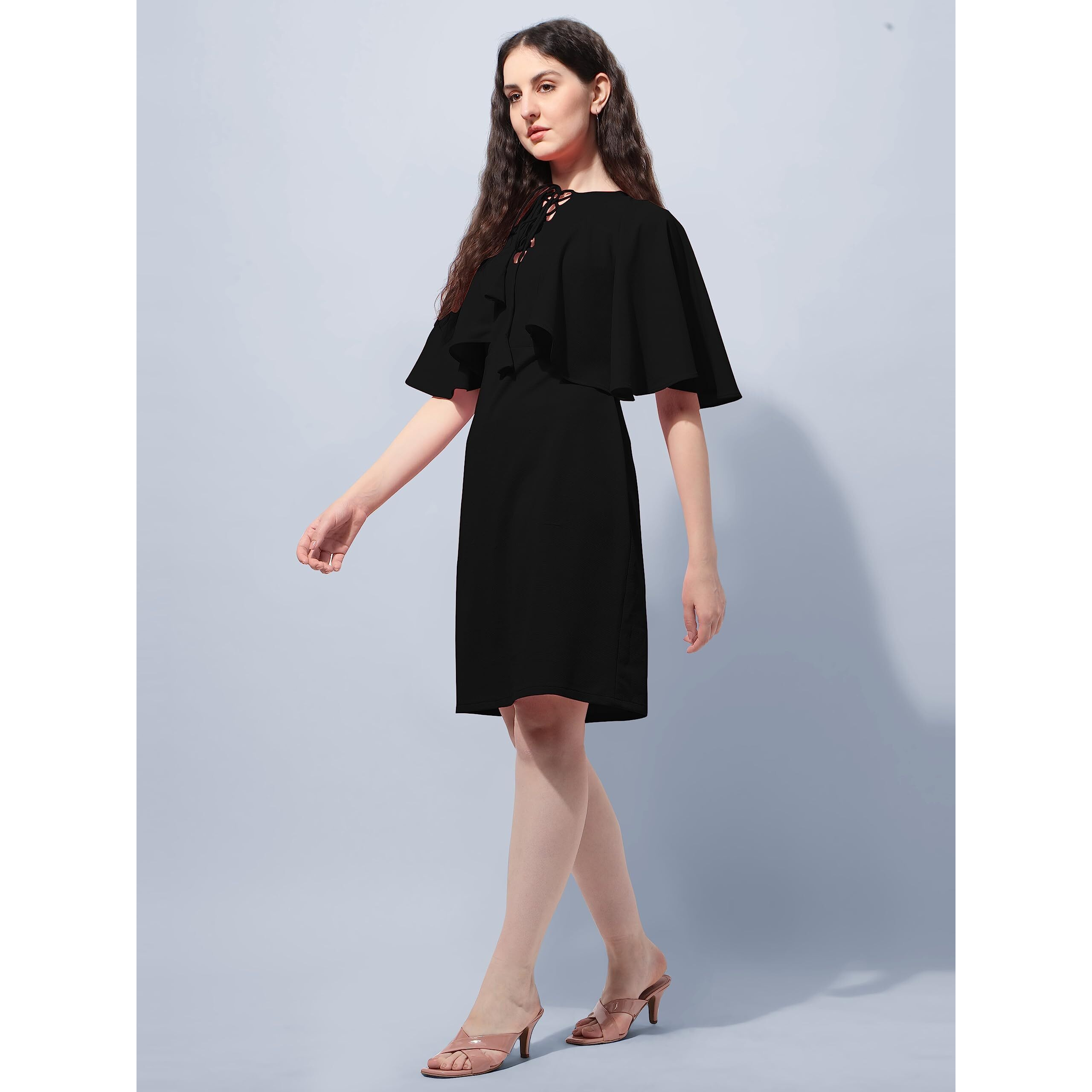 Oomph Women's Western & Fusion Wear Above Knee/Mid Thigh Length Bodycon Black Dress In Lycra Blend Fabric With Tie-Up Neck And Cape Sleeves - Md576M