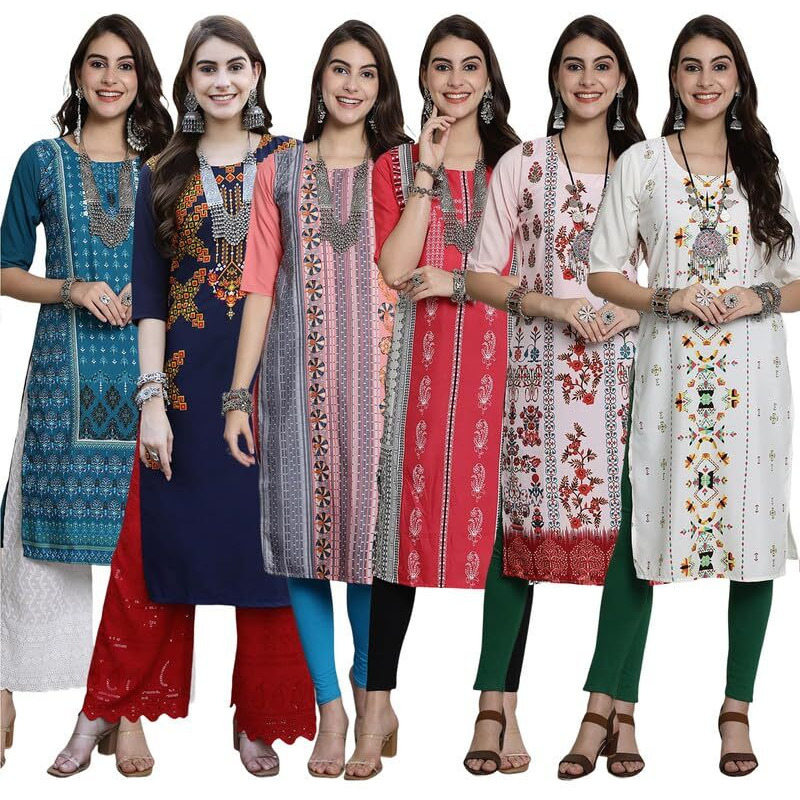 Pinkmint Women's Crepe Digital Print Straight Kurta [Pack Of 6]