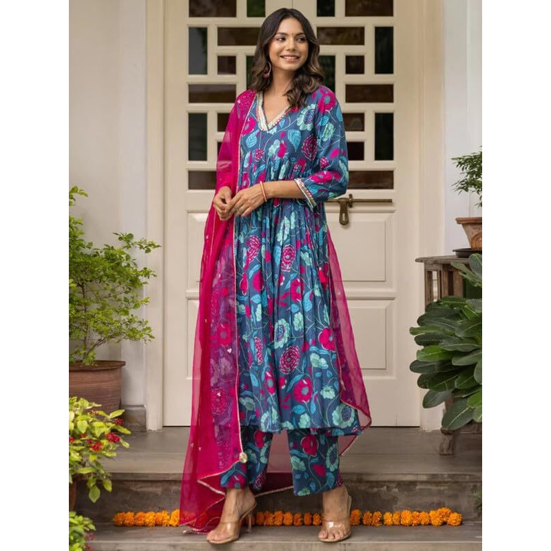 Pinkmint Women Cotton Blend Floral Printed Kurta With Pant & Dupatta