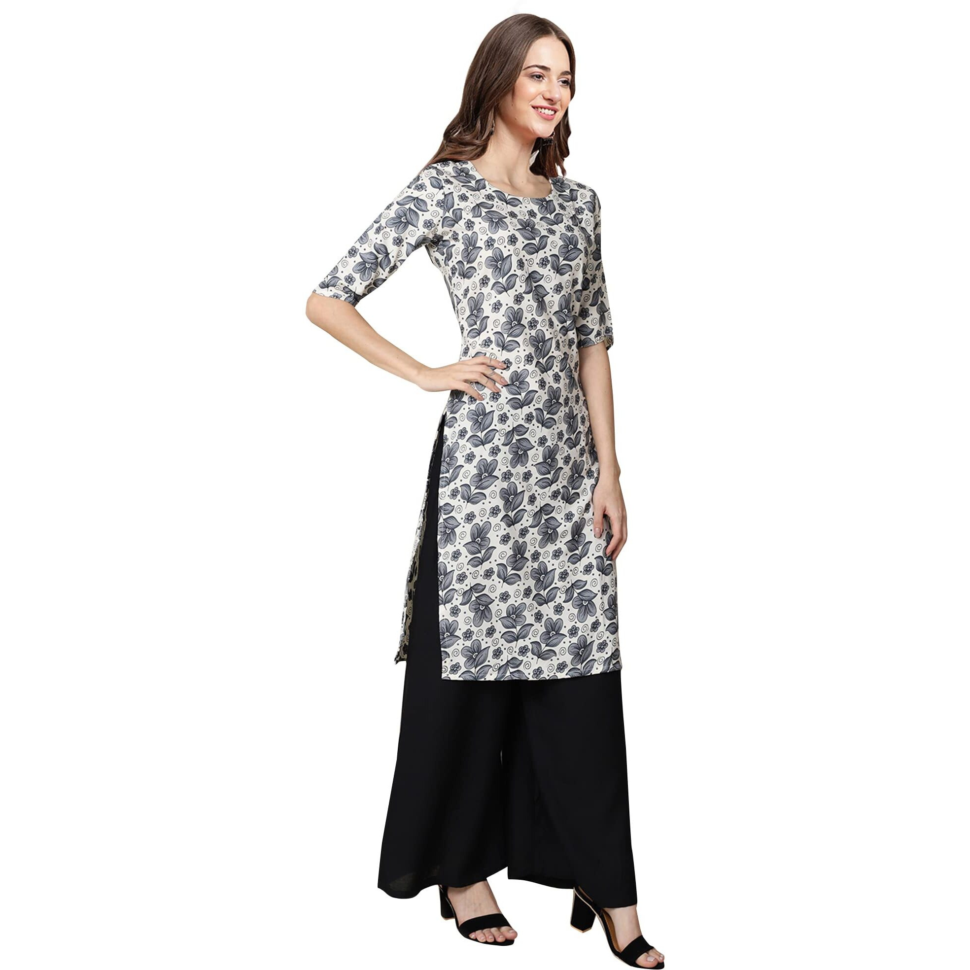 Pinkmint Women's Crepe Grey Color Floral Printed Straight Kurti[Nb-530357-M]
