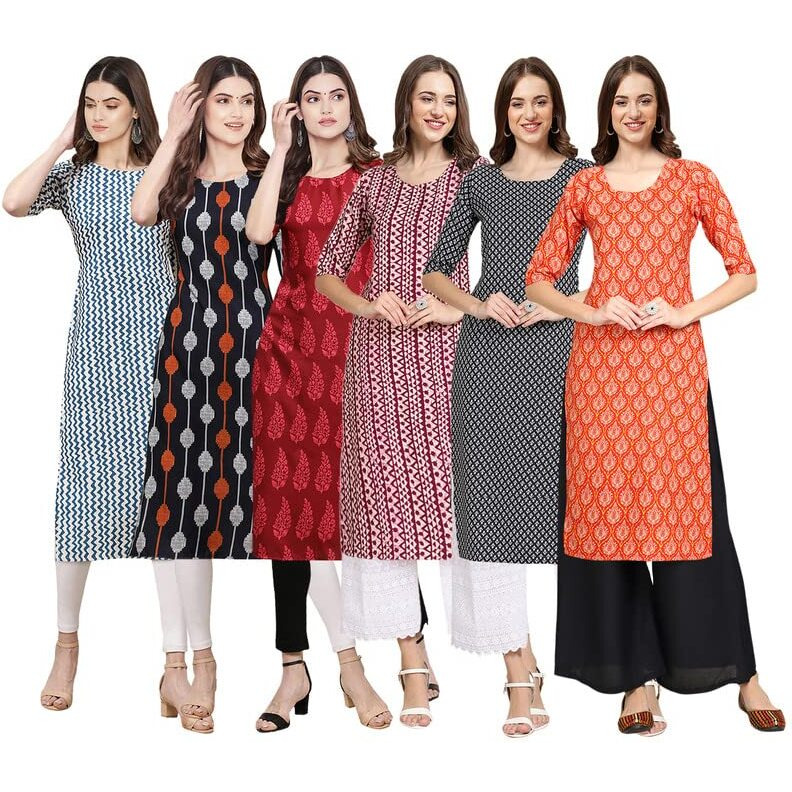 Pinkmint Women's Crepe Digital Print Straight Kurta [Pack Of 6](Qv-331-330-337-347-349-354-M)