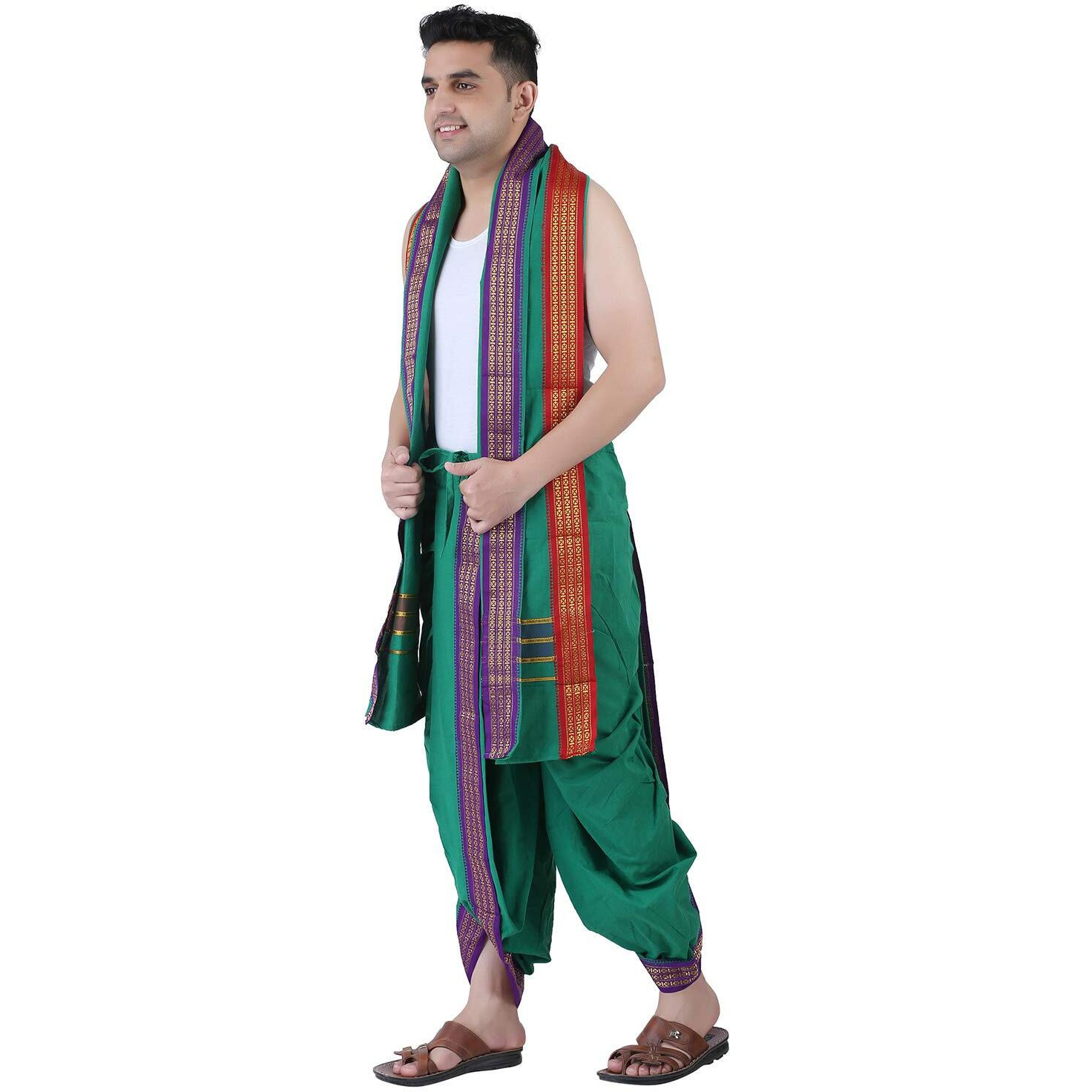 Prakasam Cotton Men's Panchakachamready Made (Ready To Wear) Dhoti Towel Set With Pocket- Free Size (Green)