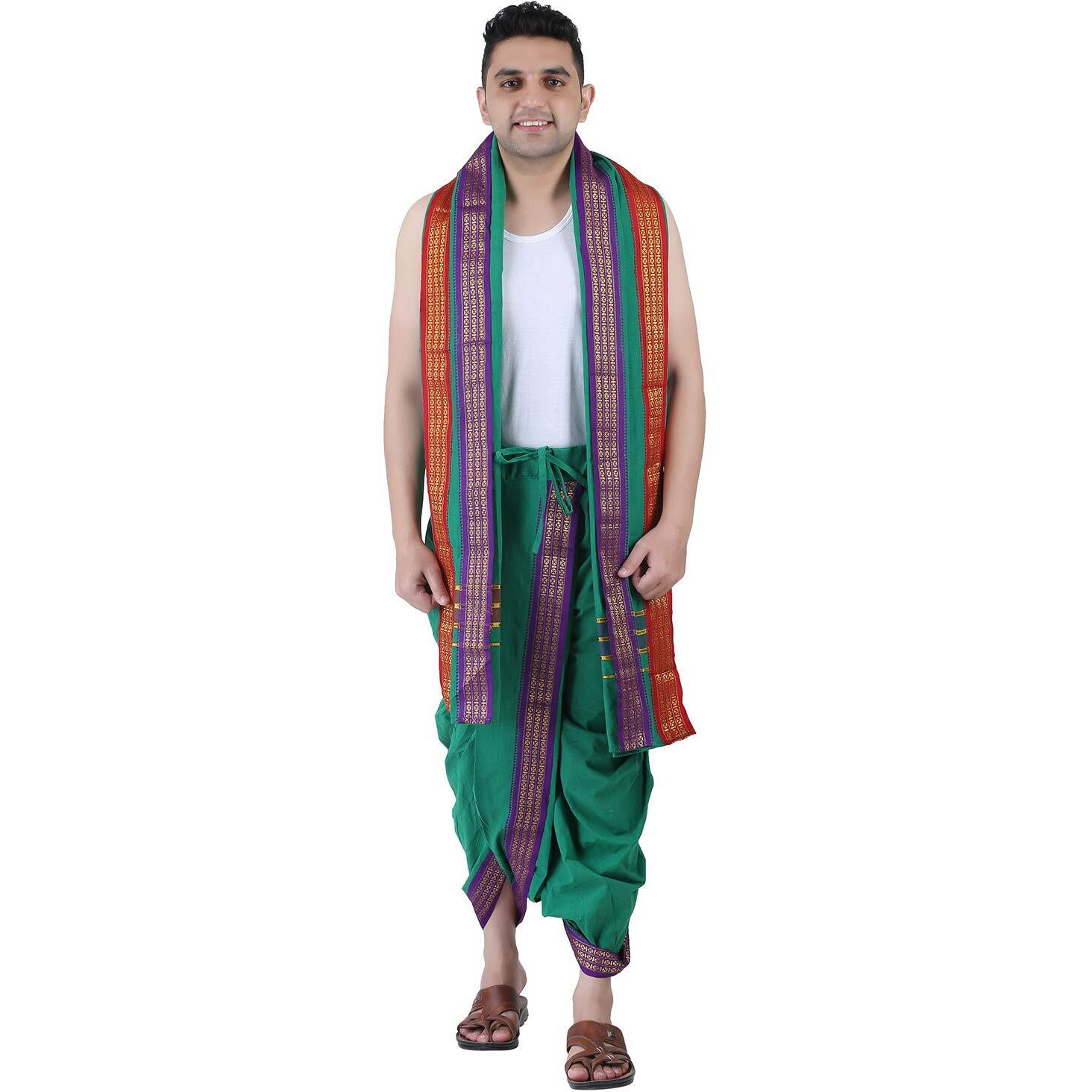 Prakasam Cotton Men's Panchakachamready Made (Ready To Wear) Dhoti Towel Set With Pocket- Free Size (Green)