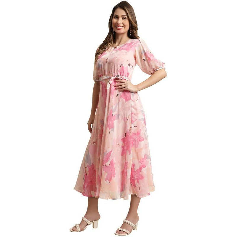 Preneum Women Fit & Flare Latest Style Print Georgette Regular Sleeves Casual Summer Maxi Dress | Festival & Occasion, Rose Pink, M