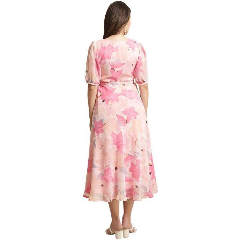 Preneum Women Fit & Flare Latest Style Print Georgette Regular Sleeves Casual Summer Maxi Dress | Festival & Occasion, Rose Pink, M