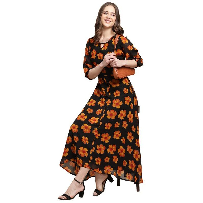Preneum Women's Georgette A-Line Standard Length Dress (Pr-Maxi-N-05_Black_S)