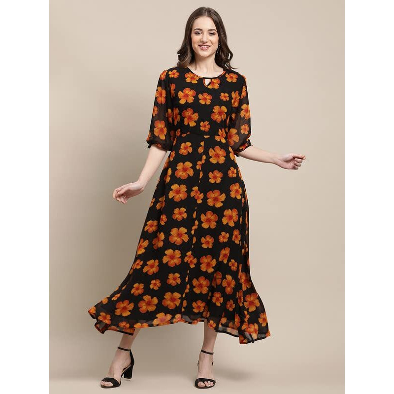 Preneum Women's Georgette A-Line Standard Length Dress (Pr-Maxi-N-05_Black_S)