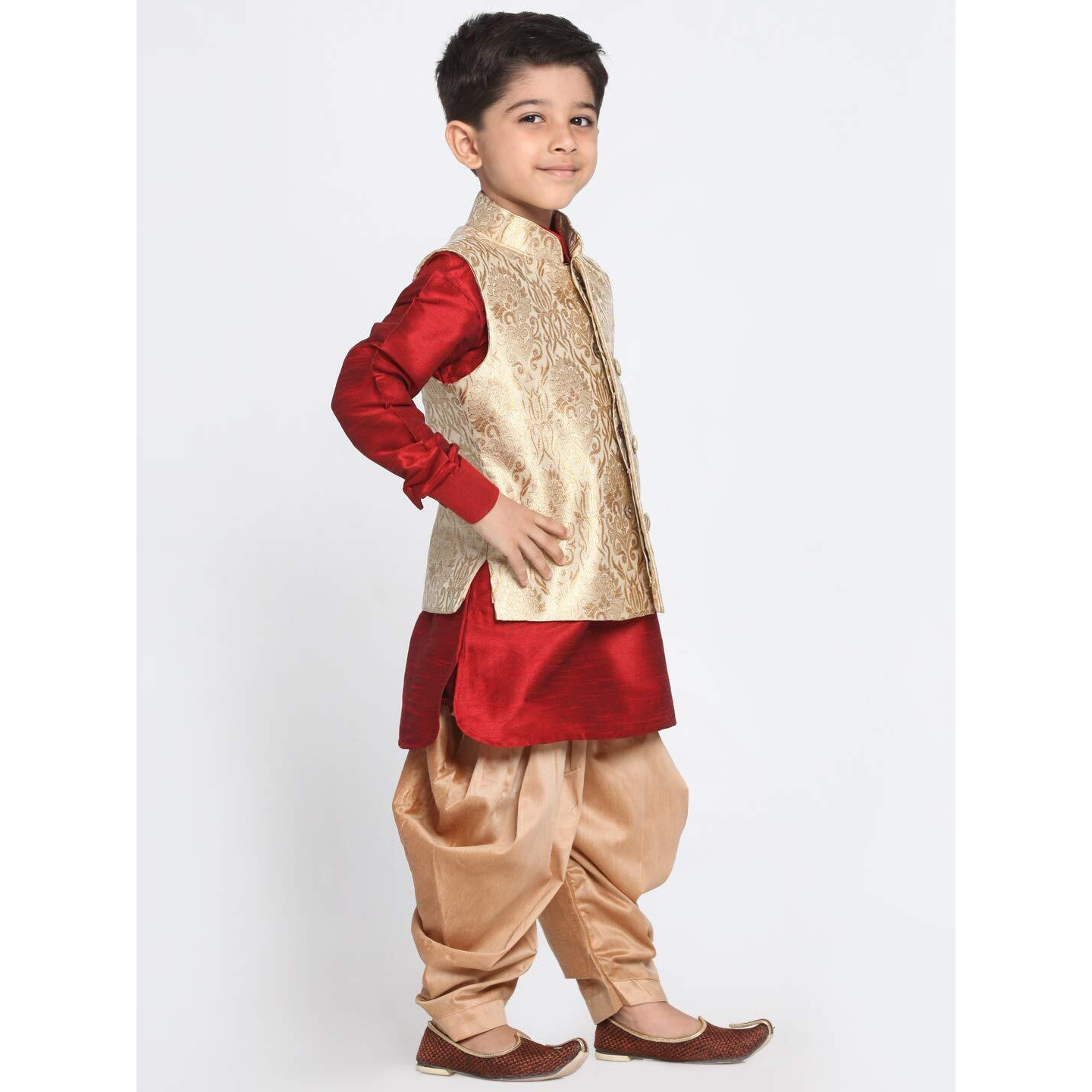 Vastramay Banarasi Brocade Woven Jacquard Nehru/Modi Jacket With Silk Pathani Kurta & Dhoti Pant Set  Traditional Ethnic Wear For Boys