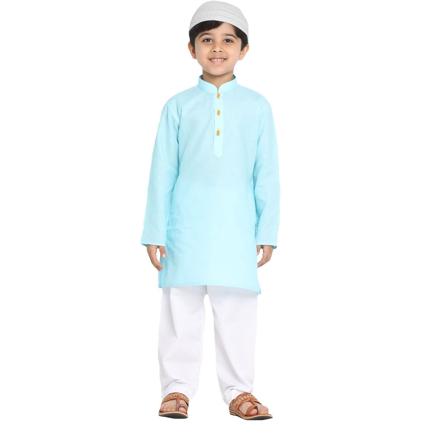 Jbn Creation Boys' Blue Cotton Blend Kurta Pyjama And Cap Set