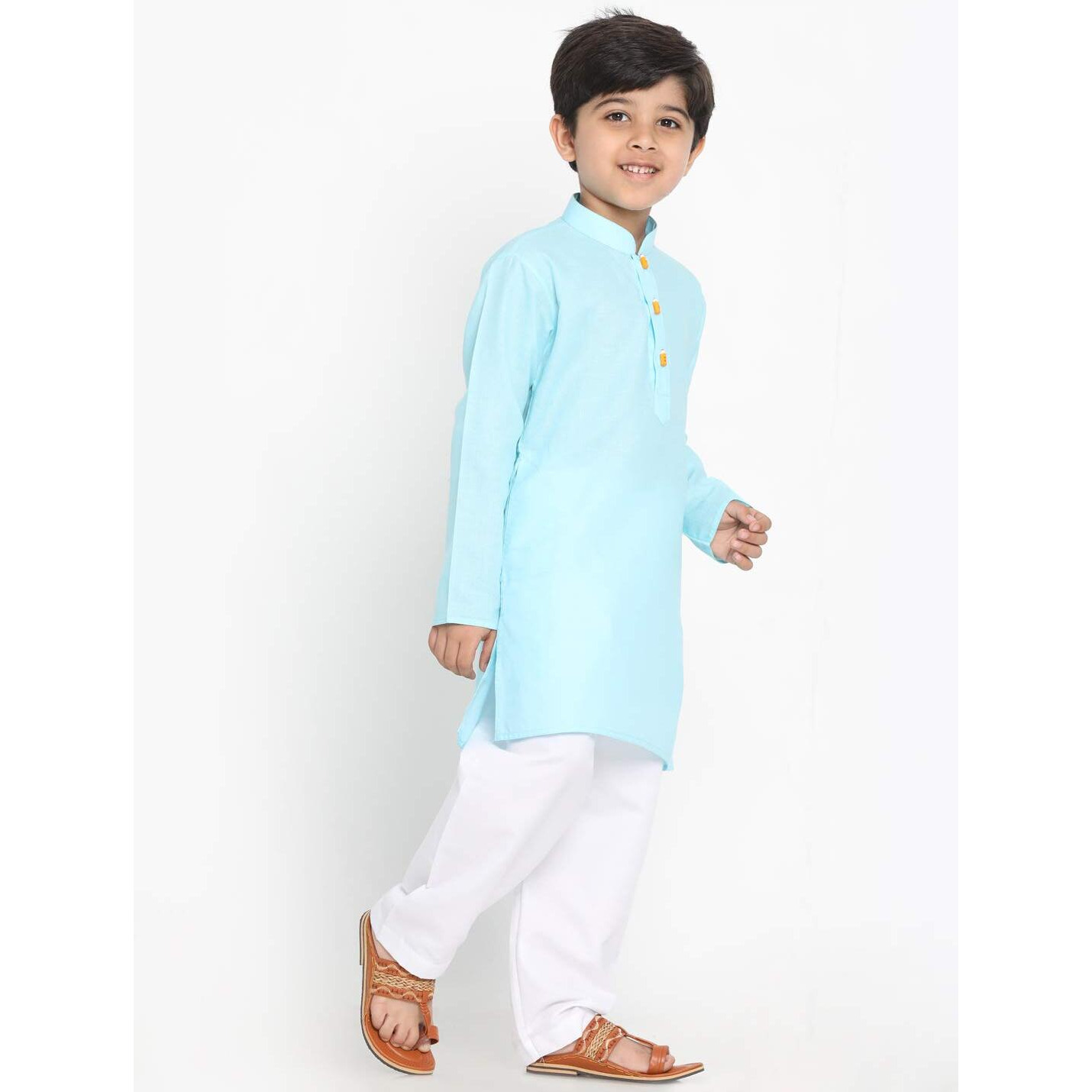 Jbn Creation Boys' Blue Cotton Blend Kurta Pyjama And Cap Set