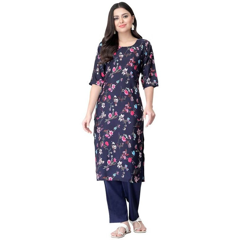 Pinkmint Women's Color Dark Blukp-E Crepe Straight Kurta And Pant Set (Ukp-2012_L)