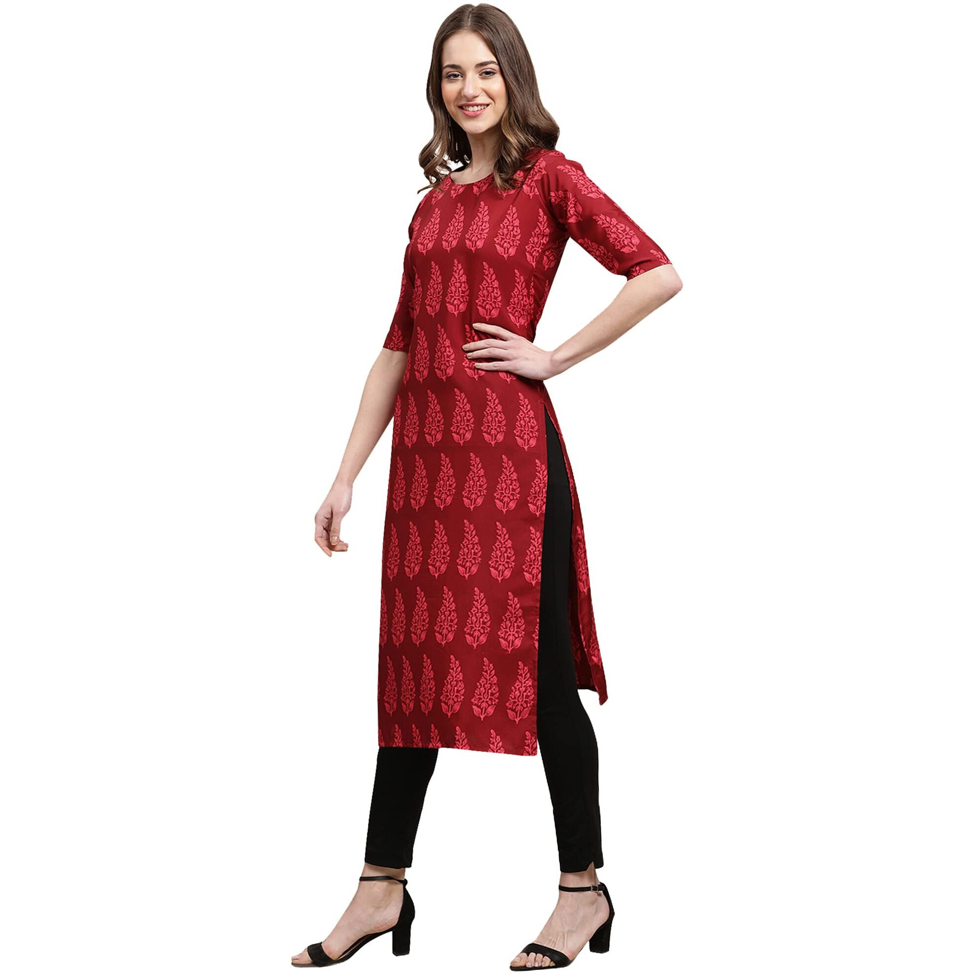 Pinkmint Women's Crepe Maroon Color Floral Printed Straight Kurti(Md-530337_S)