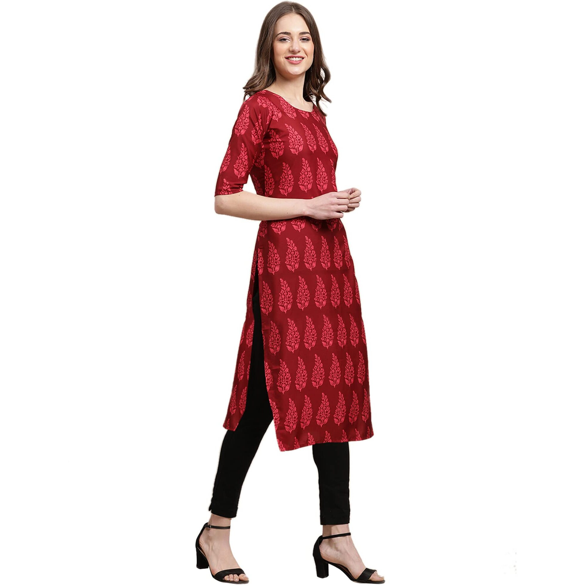 Pinkmint Women's Crepe Maroon Color Floral Printed Straight Kurti(Md-530337_S)
