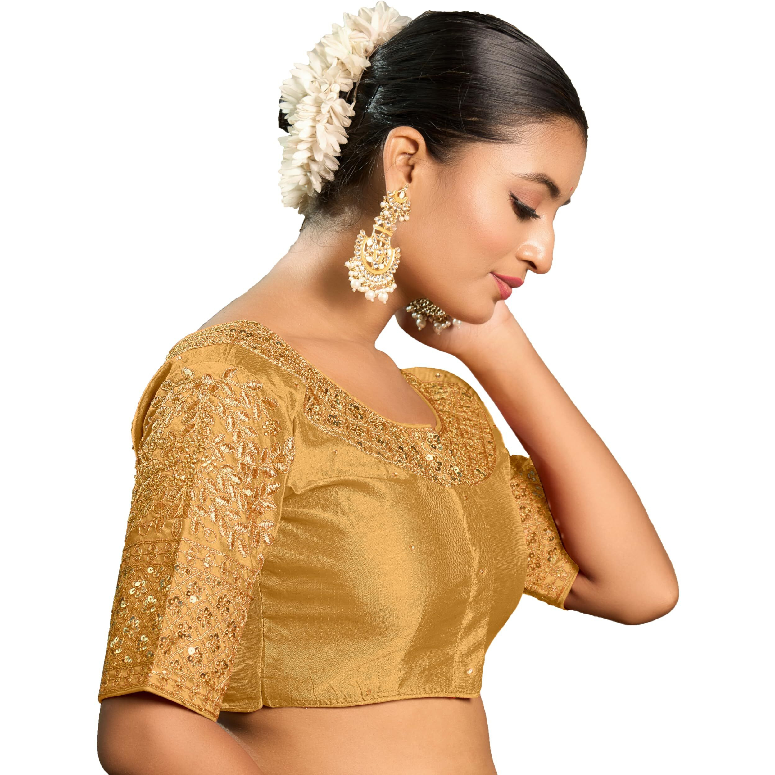 Pujia Mills Women's Heavy Embroidery Coding With Sequins Work Half Sleeves Fancy Readymade Saree Blouse (Gold, 38)