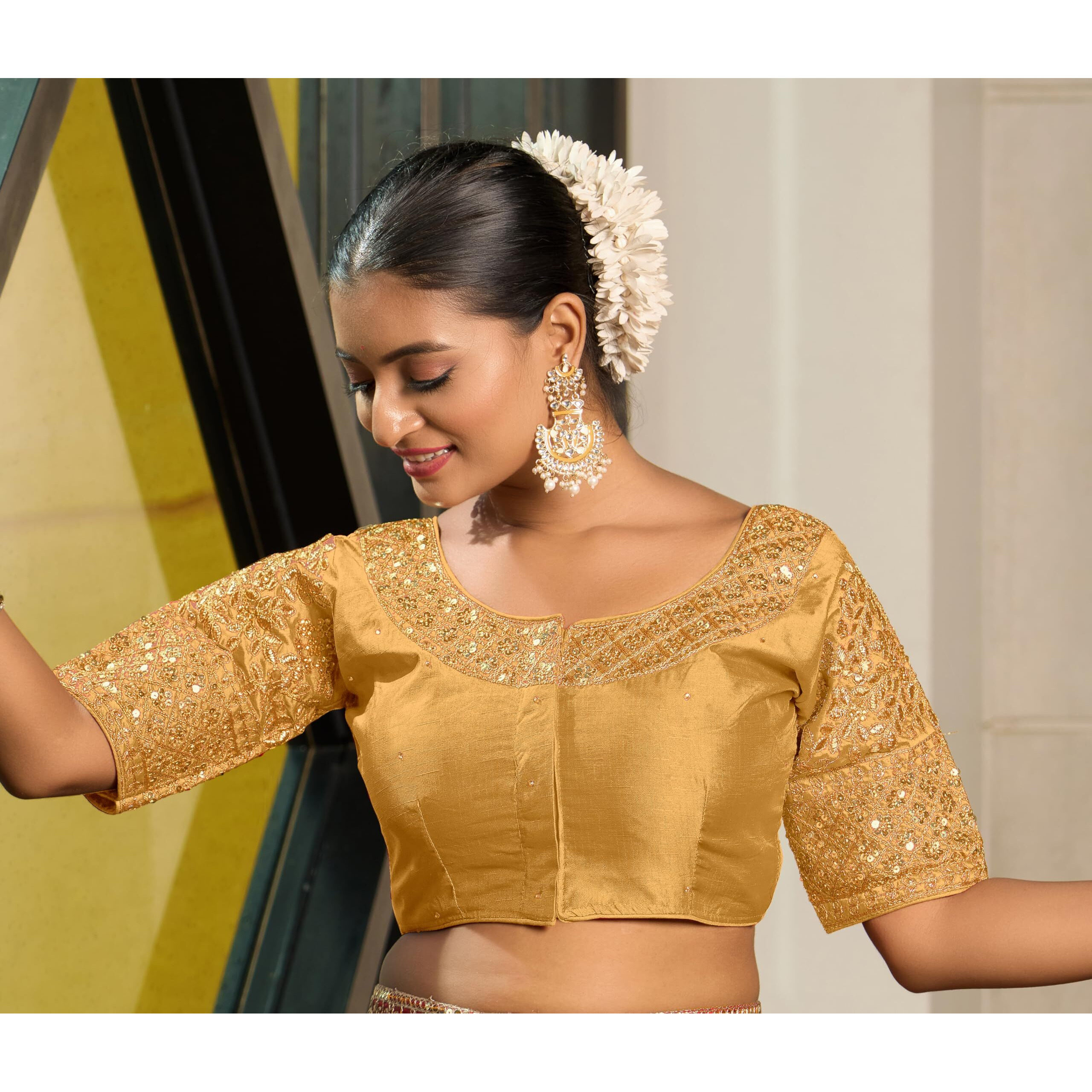 Pujia Mills Women's Heavy Embroidery Coding With Sequins Work Half Sleeves Fancy Readymade Saree Blouse (Gold, 38)