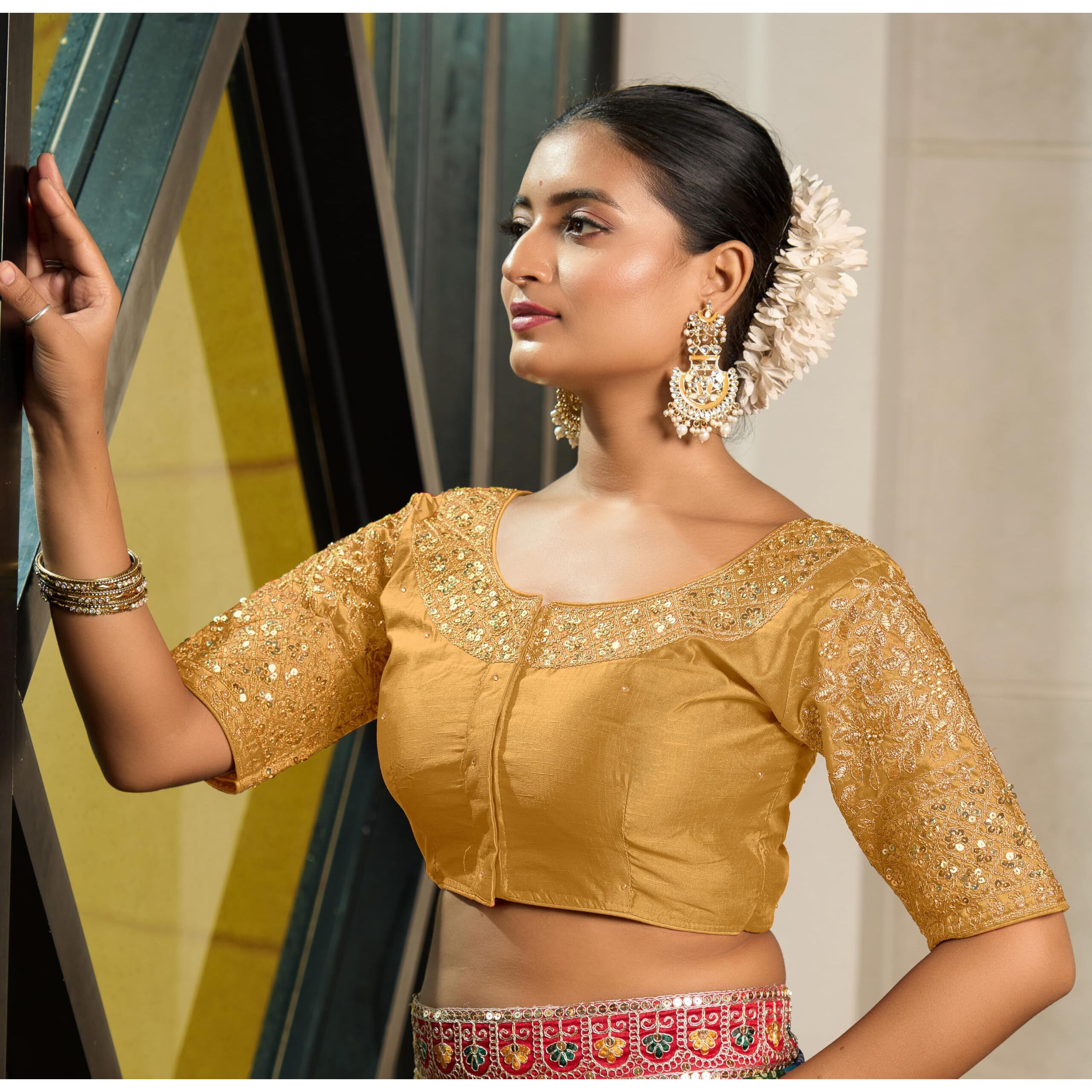 Pujia Mills Women's Heavy Embroidery Coding With Sequins Work Half Sleeves Fancy Readymade Saree Blouse (Gold, 38)