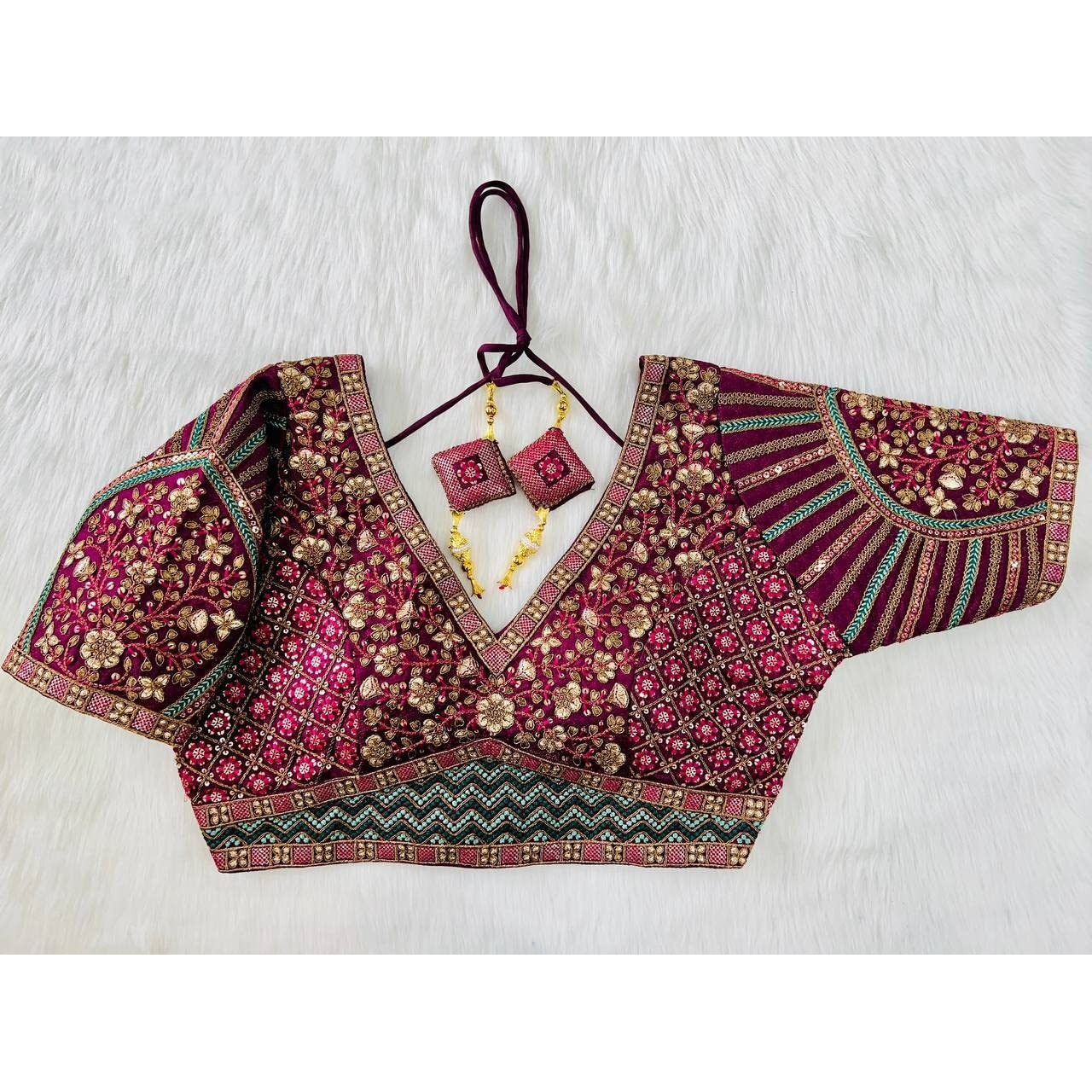Pujia Mills Mills Women's Fancy Readymade Heavy Coding Embroidary Worked Half Sleeve Multicolor Saree Blouse(Mushroom) (Wine, 40)