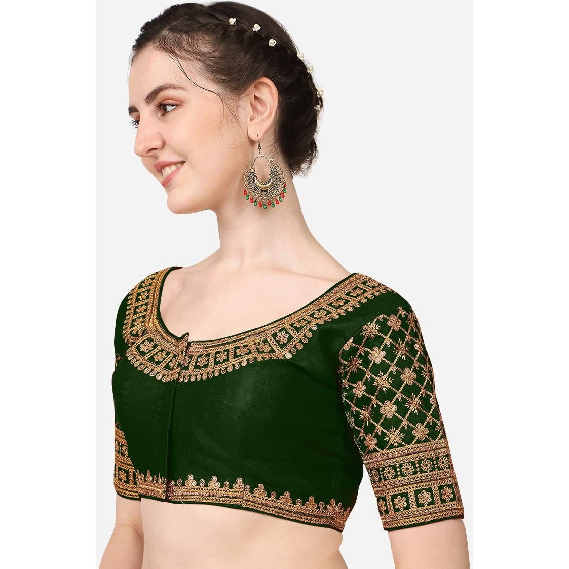 Pujia Mills Women's Silk Embroidery Coding Sequin Work Half Sleeve Readymade Saree Blouse (Rasiya_Dark Green_38)