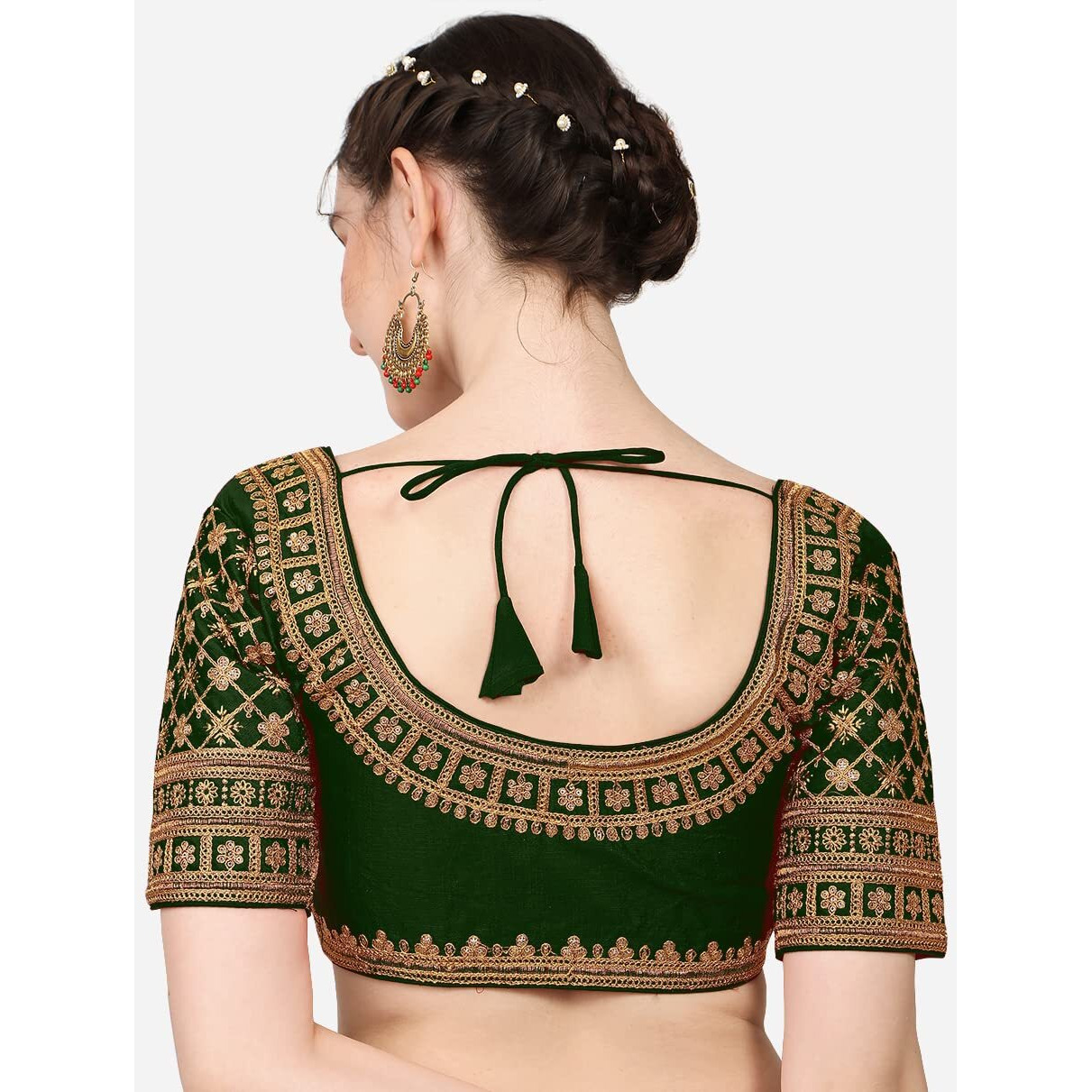 Pujia Mills Women's Silk Embroidery Coding Sequin Work Half Sleeve Readymade Saree Blouse (Rasiya_Dark Green_38)