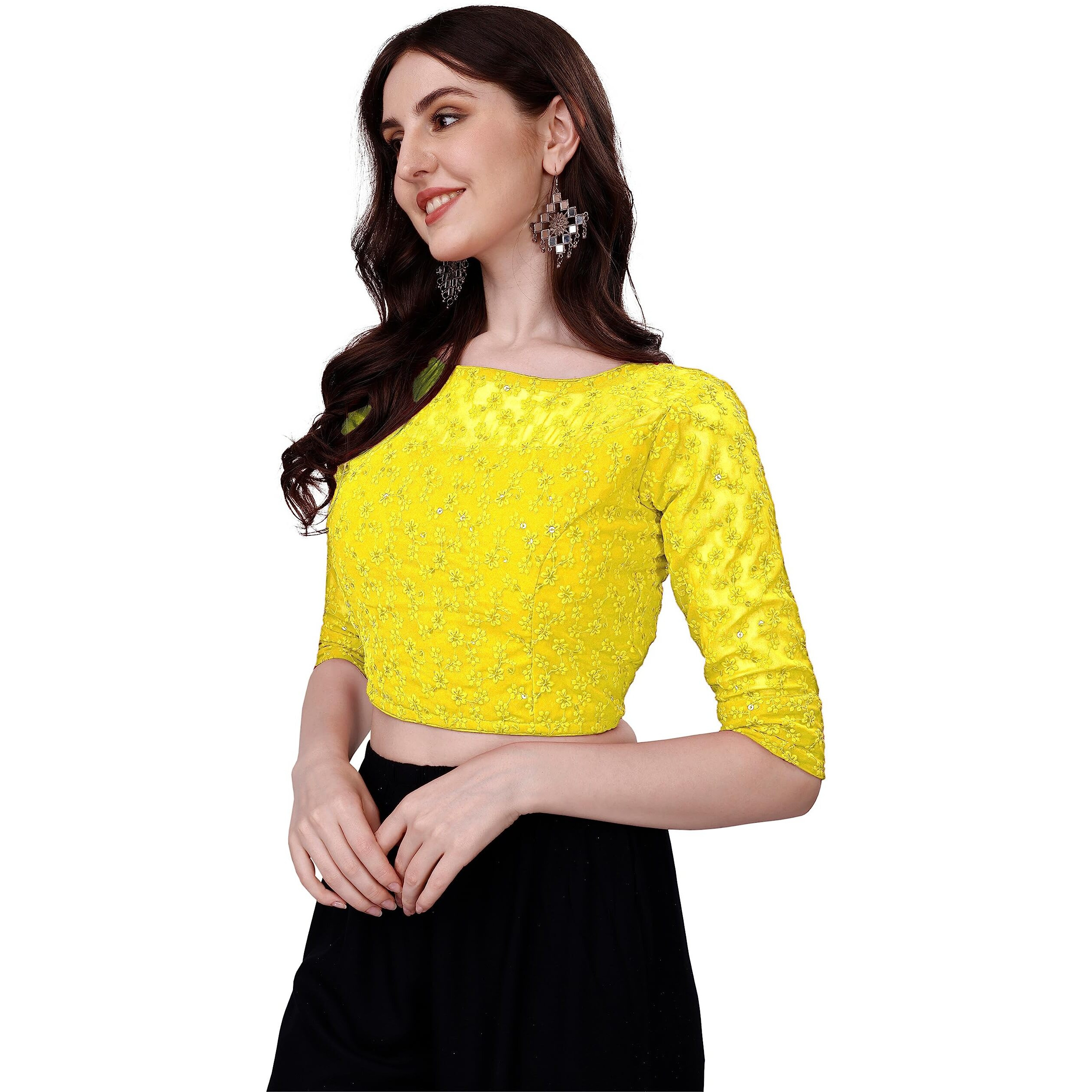 Pujia Mills Womens Readymade Fancy Sifli Work Half Sleeve Saree Blouse. (Yellow, 34)