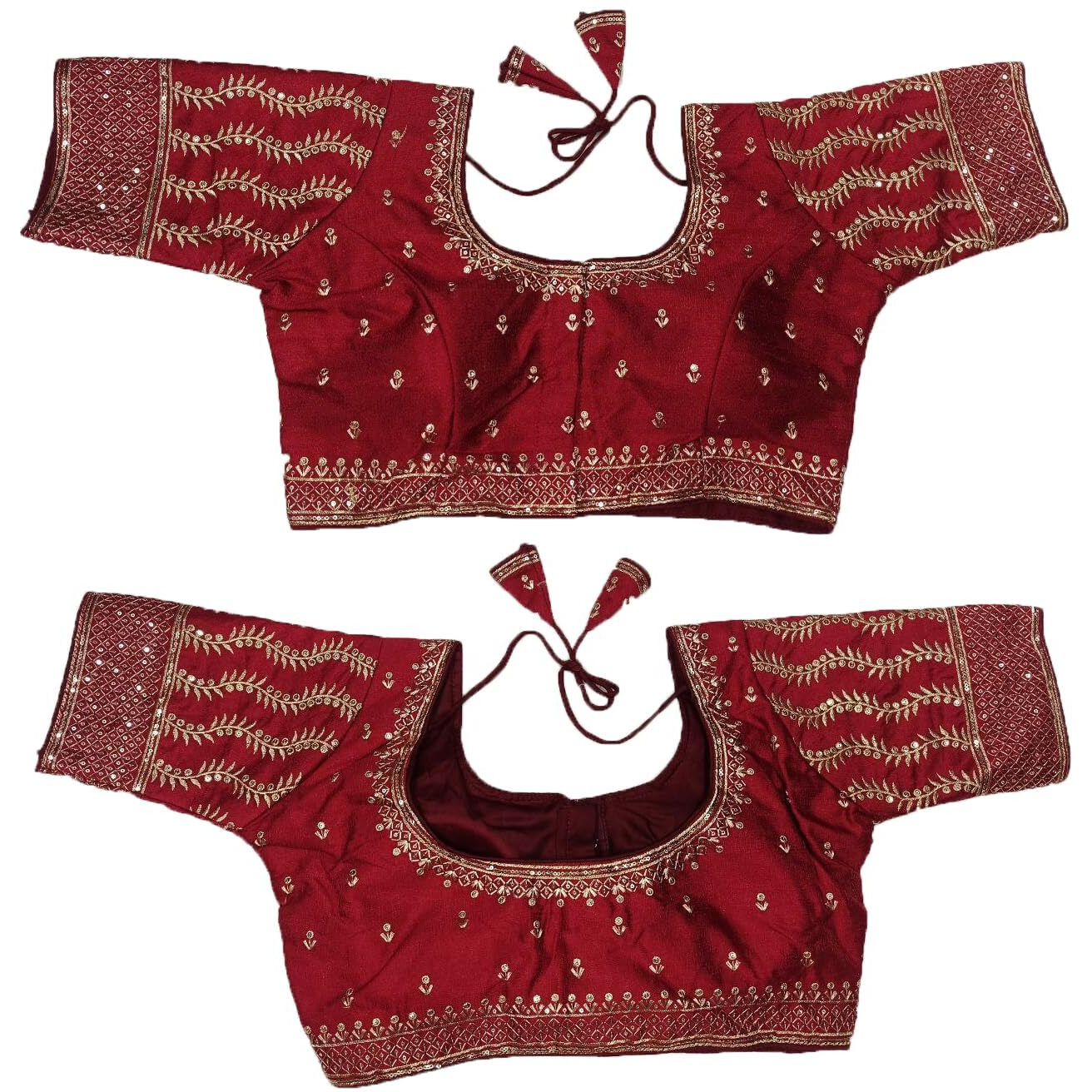 Pujia Mills Women's Indian Ethnic Wear Designer Golden Zari Embroidery With Sequence Diamond Work Round Neck Half Sleeve Readymade Aari Work Saree Blouse Bridal Readymade Blouse Maroon Lehenga Choli