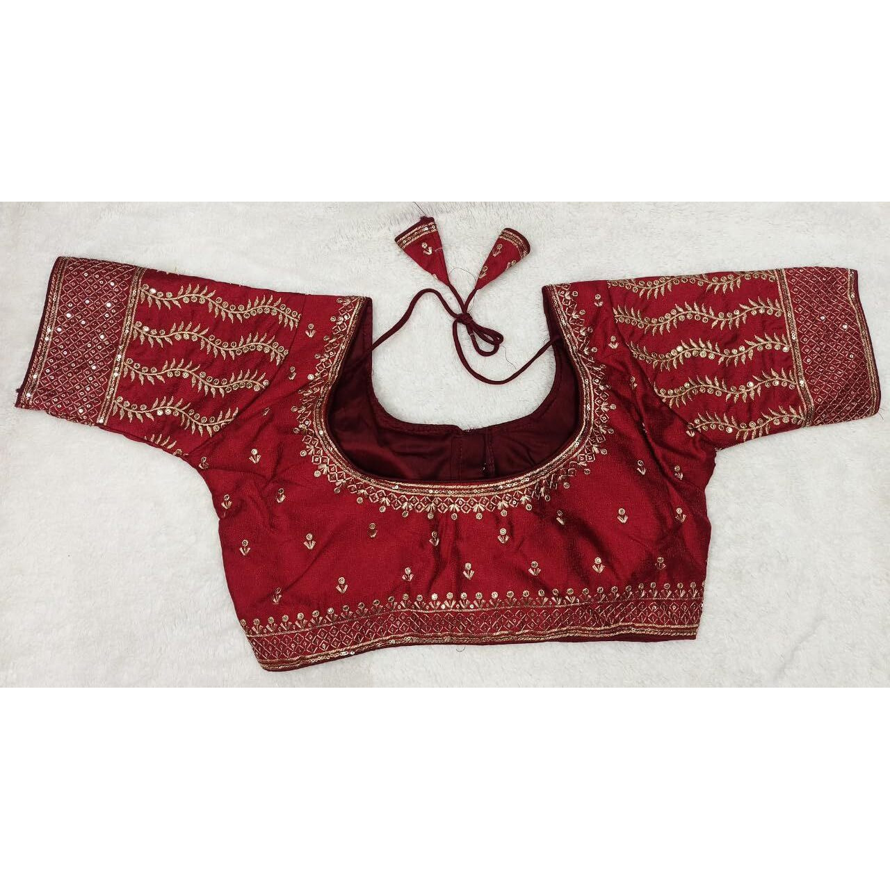 Pujia Mills Women's Indian Ethnic Wear Designer Golden Zari Embroidery With Sequence Diamond Work Round Neck Half Sleeve Readymade Aari Work Saree Blouse Bridal Readymade Blouse Maroon Lehenga Choli