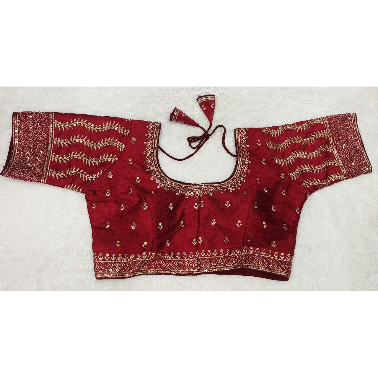 Pujia Mills Women's Indian Ethnic Wear Designer Golden Zari Embroidery With Sequence Diamond Work Round Neck Half Sleeve Readymade Aari Work Saree Blouse Bridal Readymade Blouse Maroon Lehenga Choli