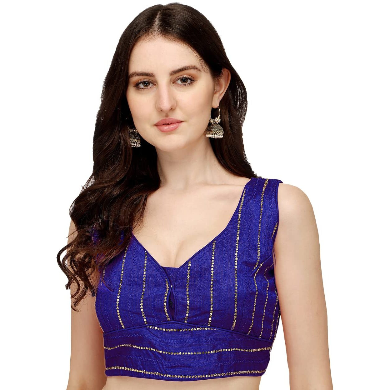 Pujia Mills Women's Silk Sequin Sleeveless Blouse (Batik Sequin Blouse_Royal_38)