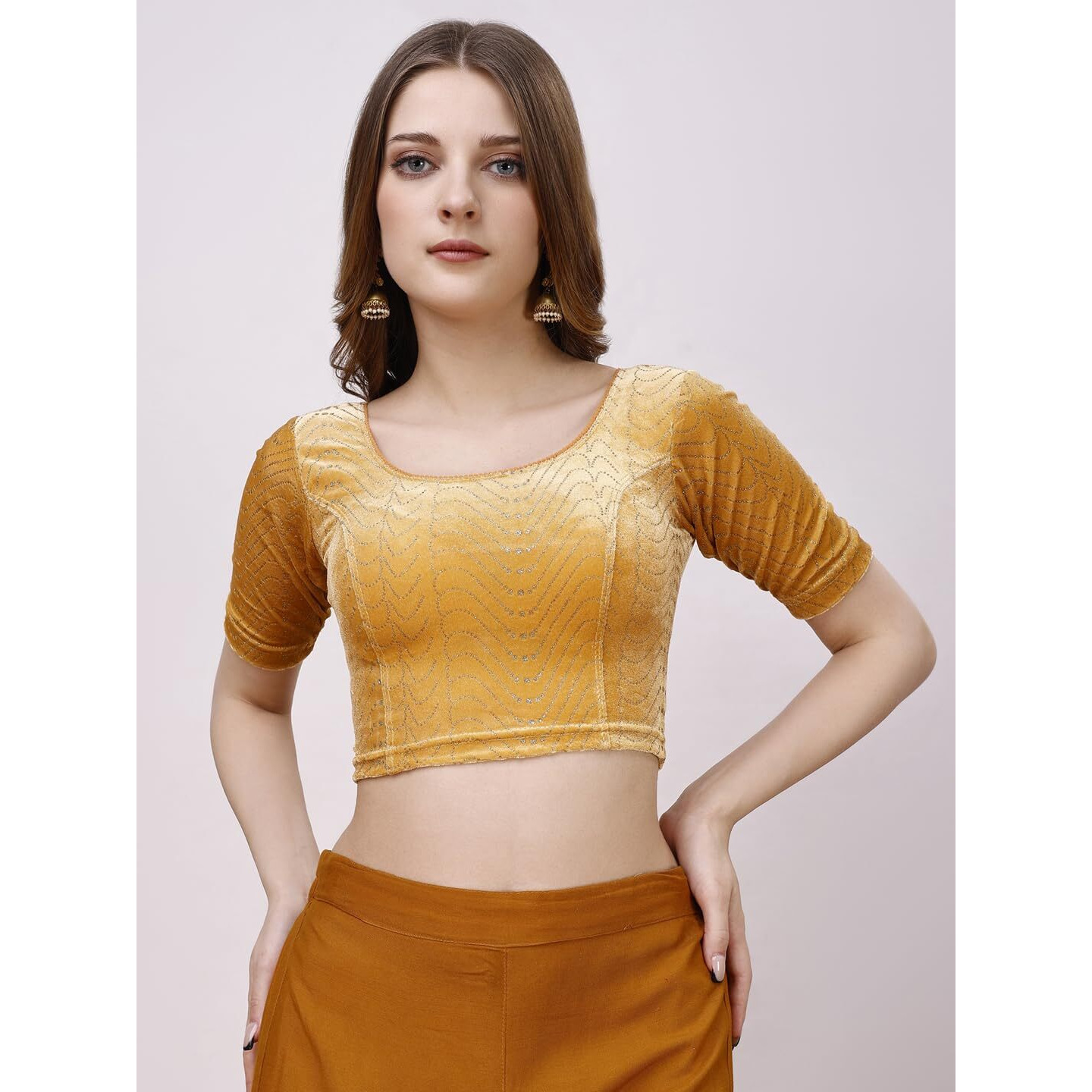 Pujia Mills Women's Readymade Hosiery Velvet Lycra Stretchable Round Neck Half Sleeve Blouse With Jari Work Fancy Gold Color Lycra Stretchable Blouse For Women Readymade Saree Blouse