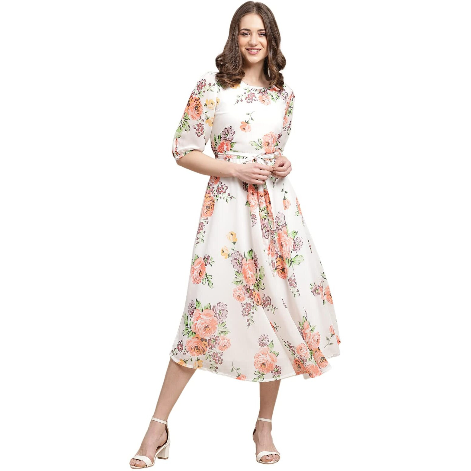 Preneum Women's Georgette Maxi Fit & Flare, Regular Sleeves, Long Gown Style, Casual Wear (In, Alpha, Xl, Plus, Off White)